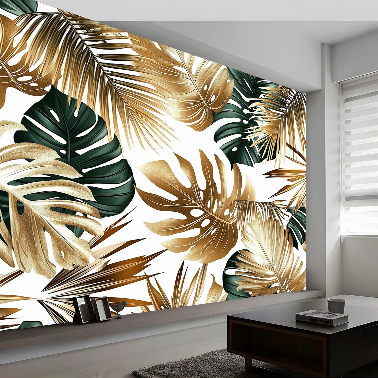 Wall Mural Photo Wallpaper Tropical Palm Leaves Tree Shadows Non-Woven Photo Wallpaper Murals Art, 250 x 175 cm Photo Wall Mural for Living Room Bedroom Children's Room Decoration, Gold Green