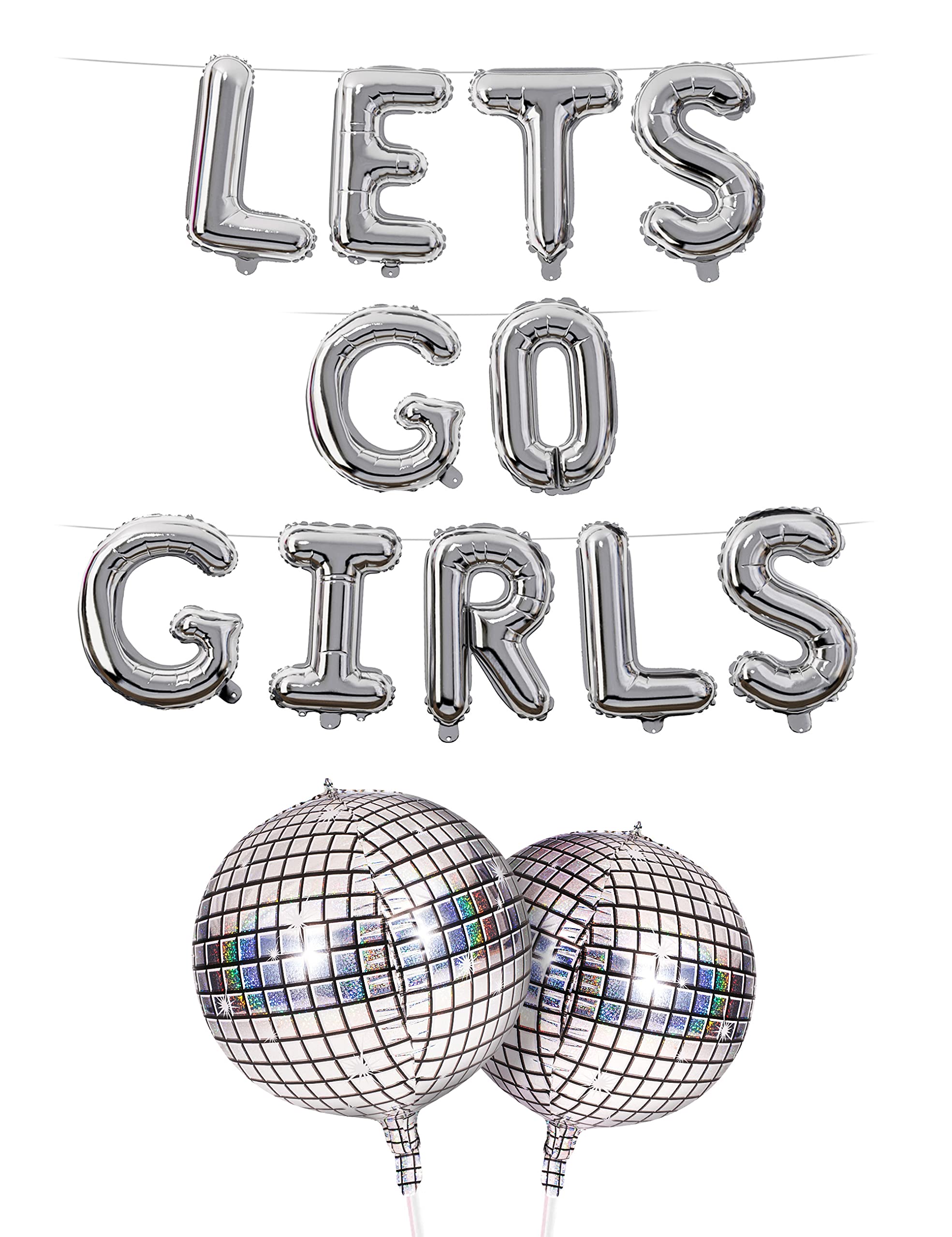 HOUSE OF PARTY Lets Go Girls Foil Balloons 16" Silver Letter Balloons Disco Ball Bachelorette Party Bach Party Decorations