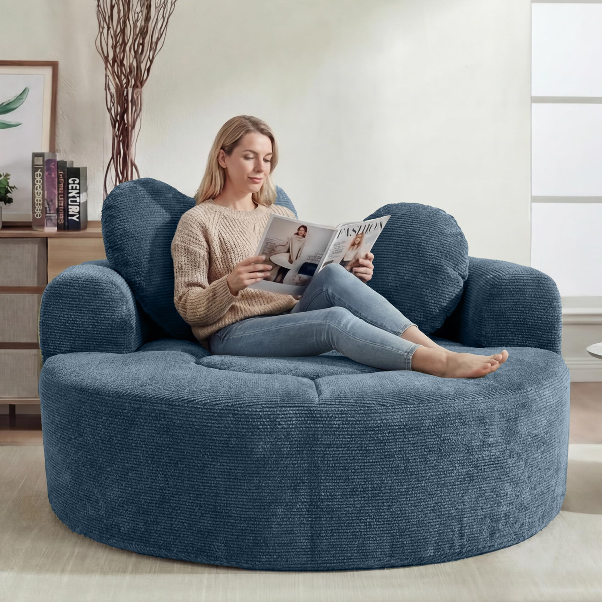 Oversized Round Chair Lounge Chaise Indoor, 54.3" Upholstered Corduroy Deep Seat Single Cloud Sofa Chair with Heart-Shaped Pillow Modern Large Circle Boneless Couch for Living Room, Blue