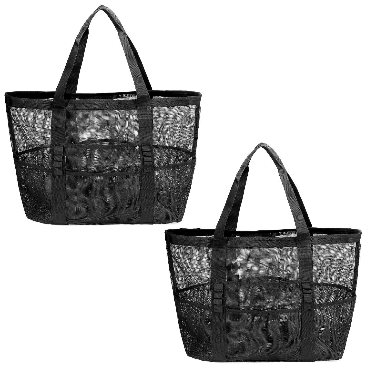 QWORK Mesh Beach Bag - Large 17"x15"x 7.8" with 8 Pockets, 2 Pack Lightweight & Foldable for Beach, Family Days, Shopping, Vacation