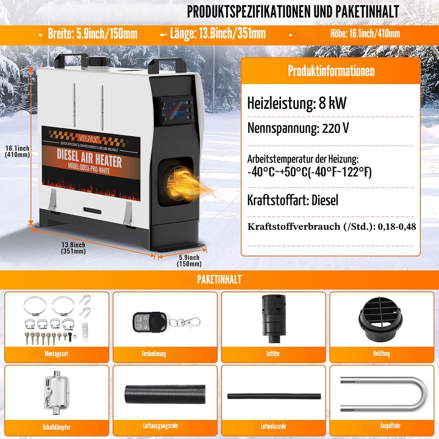 VELPAX Diesel Luftheizung All in One 8KW Dieselheizung,mit Fernbedienung & LCD-Schalterdisplay 12V & 24V & 110-240V Tragbare Dieselheizung für LKW Schnelles Aufheizen Bus,usw,RV Boote.