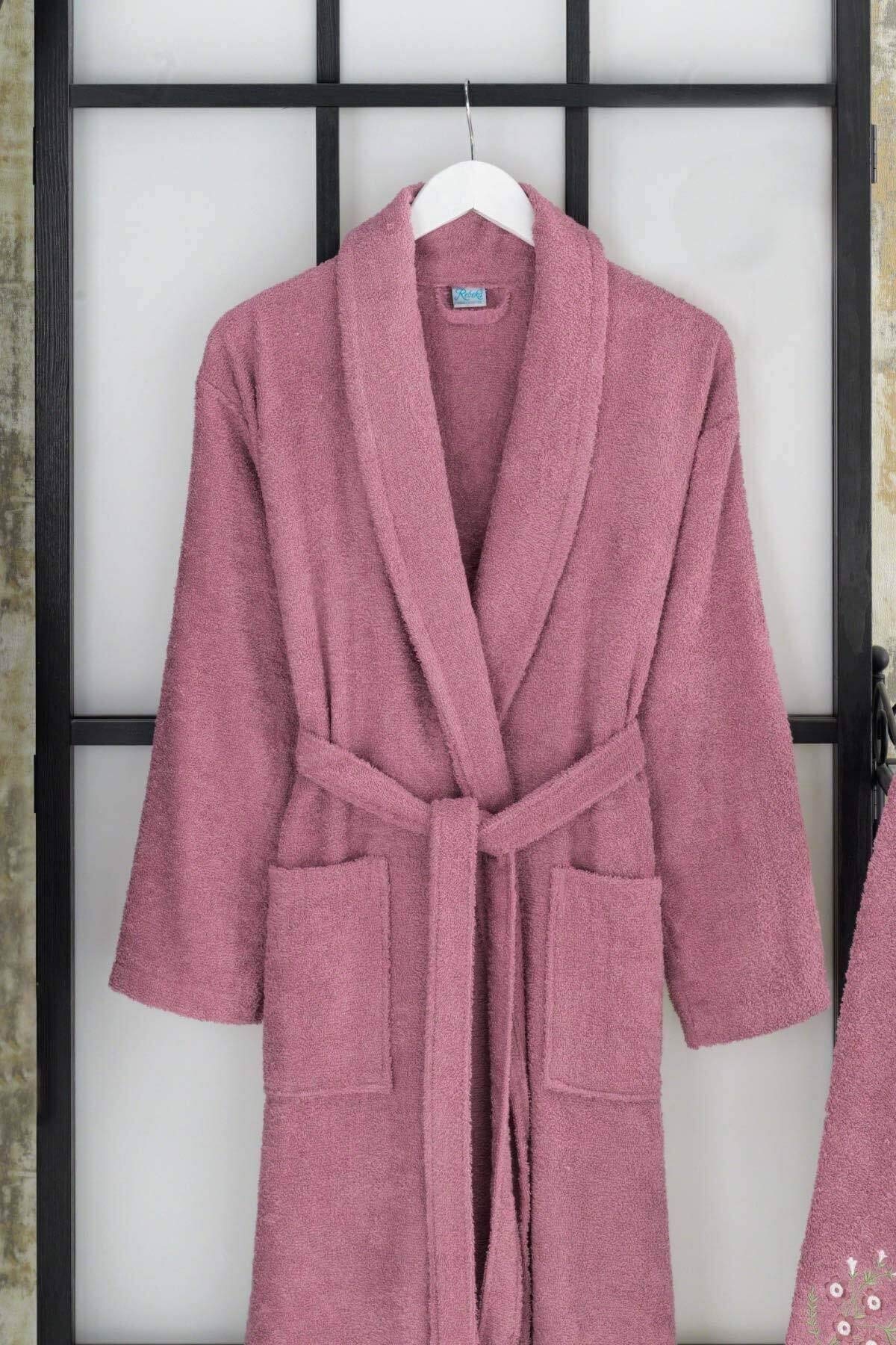 Elmira Textile Şalyaka Kadın Erkek Pamuklu Havlulu Banyo Bornoz Takımı L/XL Mürdüm