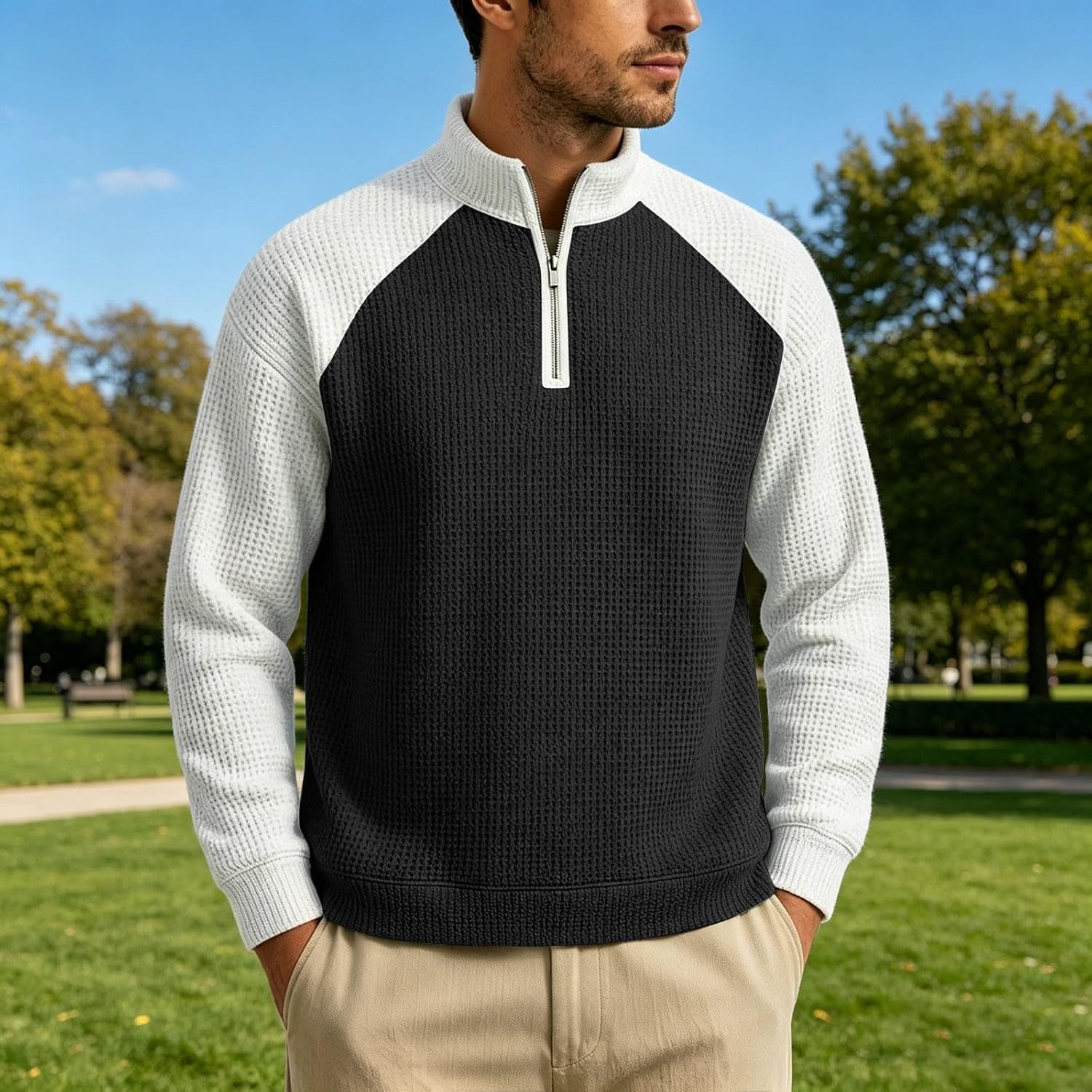 Men's Waffle Knit Quarter Zip Pullover Contrast Panel Casual | Waffle Knit Quarter Zip Pullover With Contrast Panels And Ribbed Cuffs For Casual Layering Fall Outfits