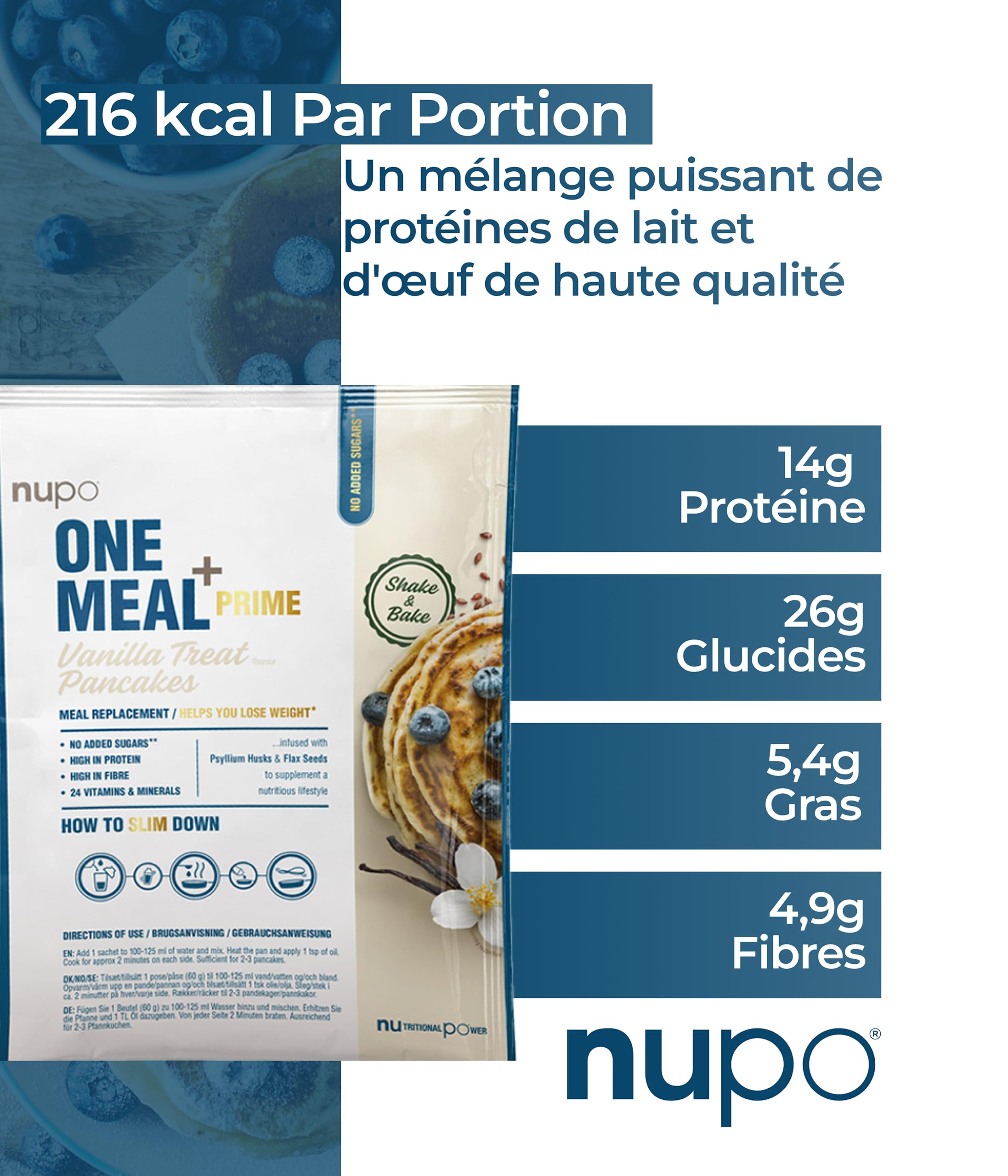 NUPO One Meal +Prime Pancakes I Savoureux substitut de repas pour un régime alimentaire équilibré I Aide à perdre du poids I Sans sucres ajoutés I 24 vitamines et minéraux I 15 repas