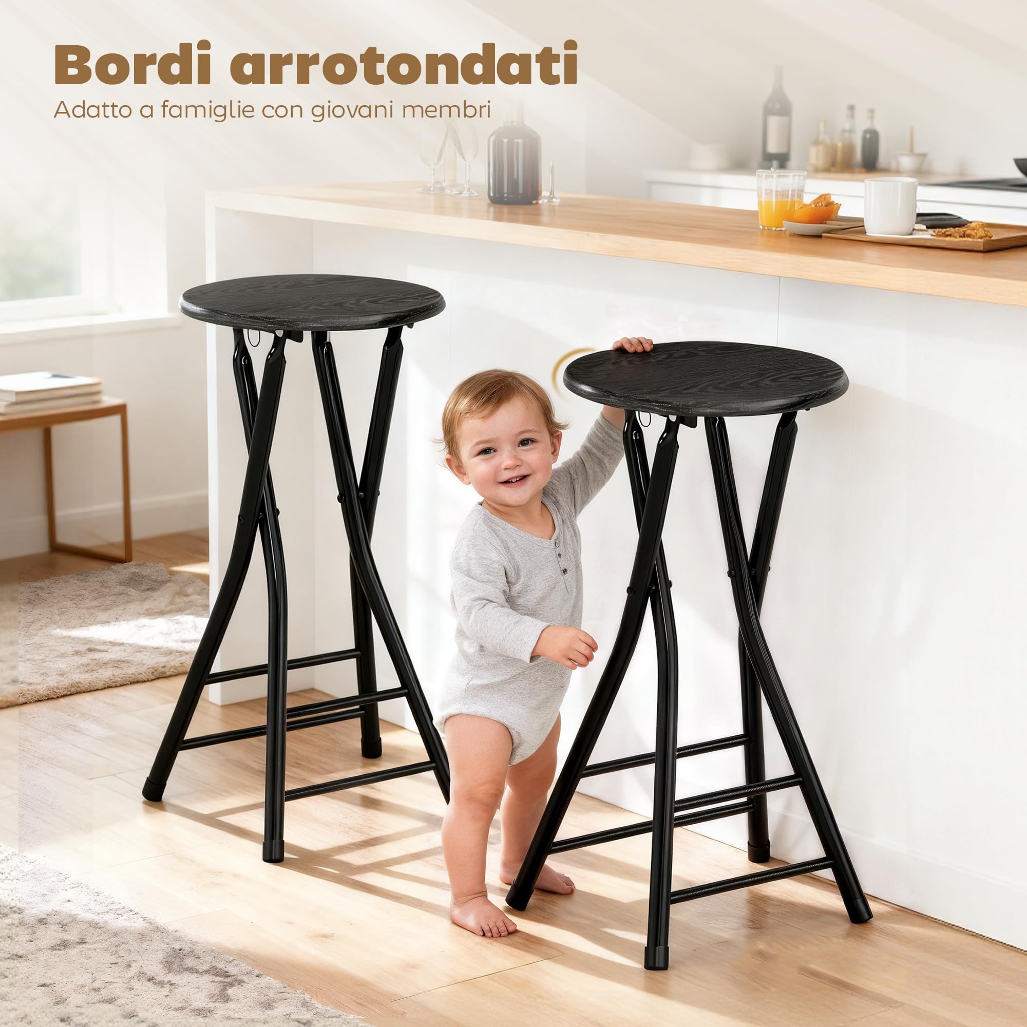 HOMCOM Set 4 Sgabelli Bar Pieghevoli, Sgabelli Cucina Alti Rotondi con 2 Poggiapiedi, Struttura in Legno e Acciaio, Sedie Bar Alte, per Penisola, Nero