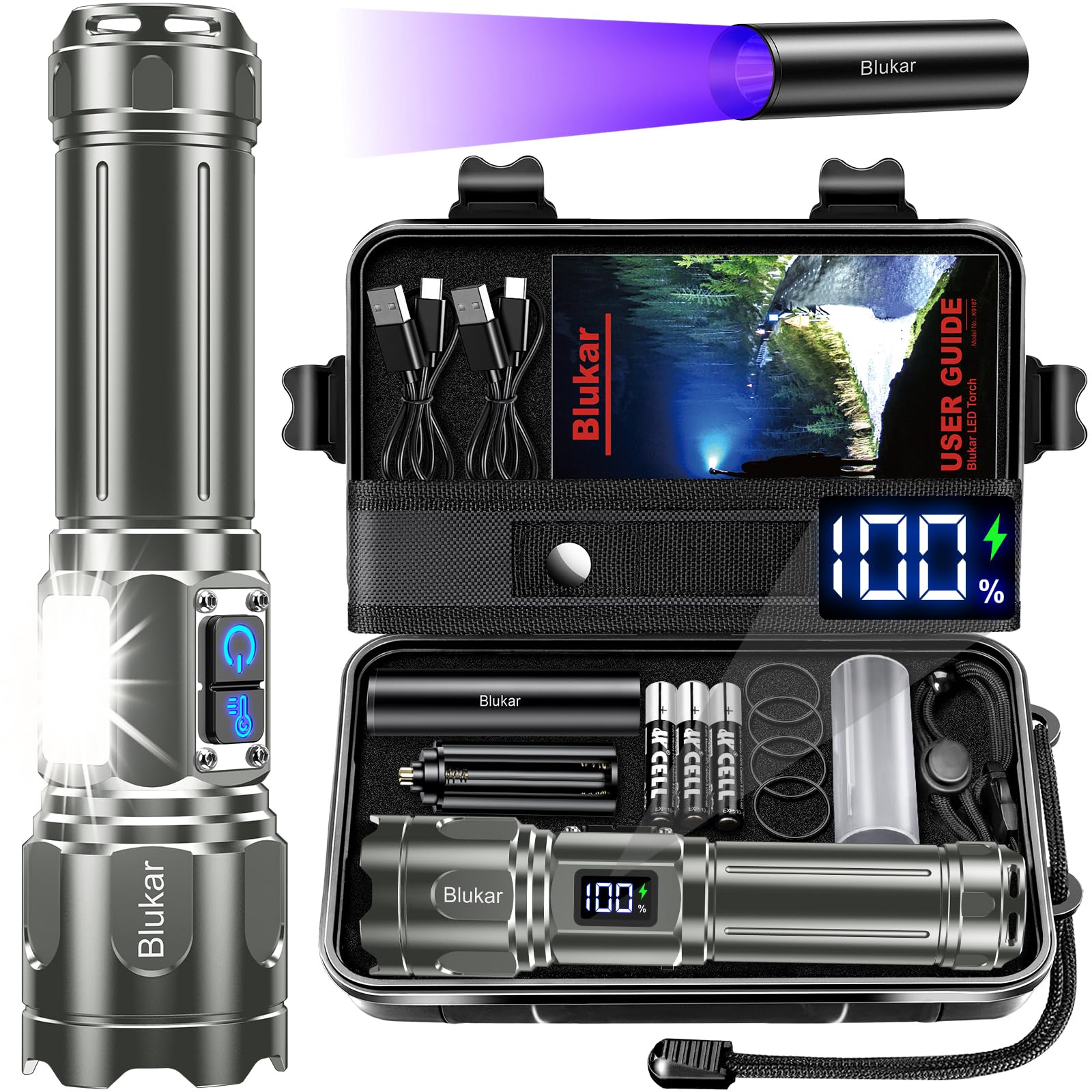 Blukar Taschenlampe LED 2 Farbtemperatur mit Hauptlicht & Seitlich COB-Licht, Aufladbar Extrem Hell Stufenlos Dimmbar Taschenlampen Zoombar Handlampe, 7 Modi Wasserdicht Flashlight für Outdoor Notfäll