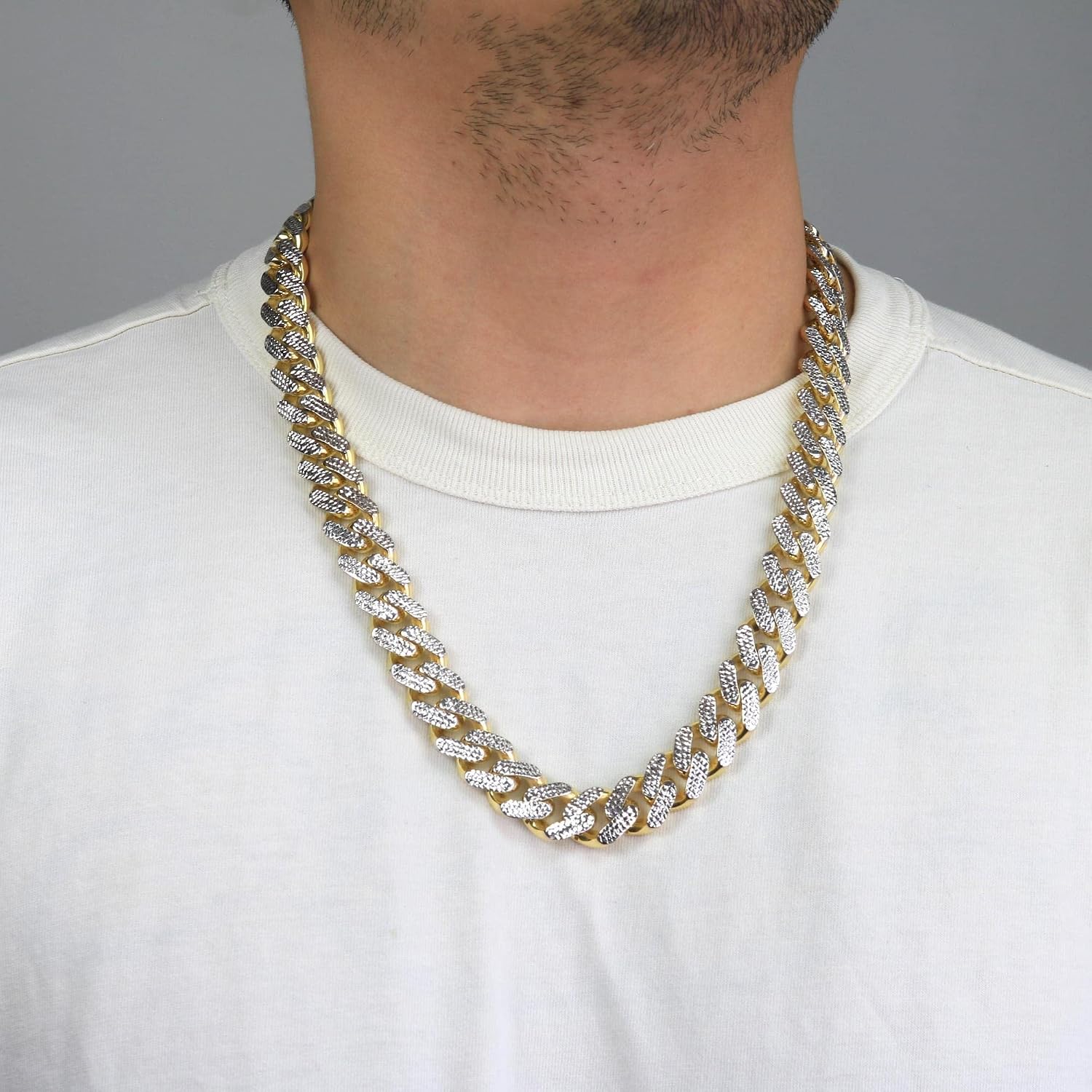 Nuragold 10k Real Yellow Gold Royal Monaco 15mm Miami Cuban Diamond Cut Pave Link Necklace (20"-30") Two Tone Italian Jewelry for Men