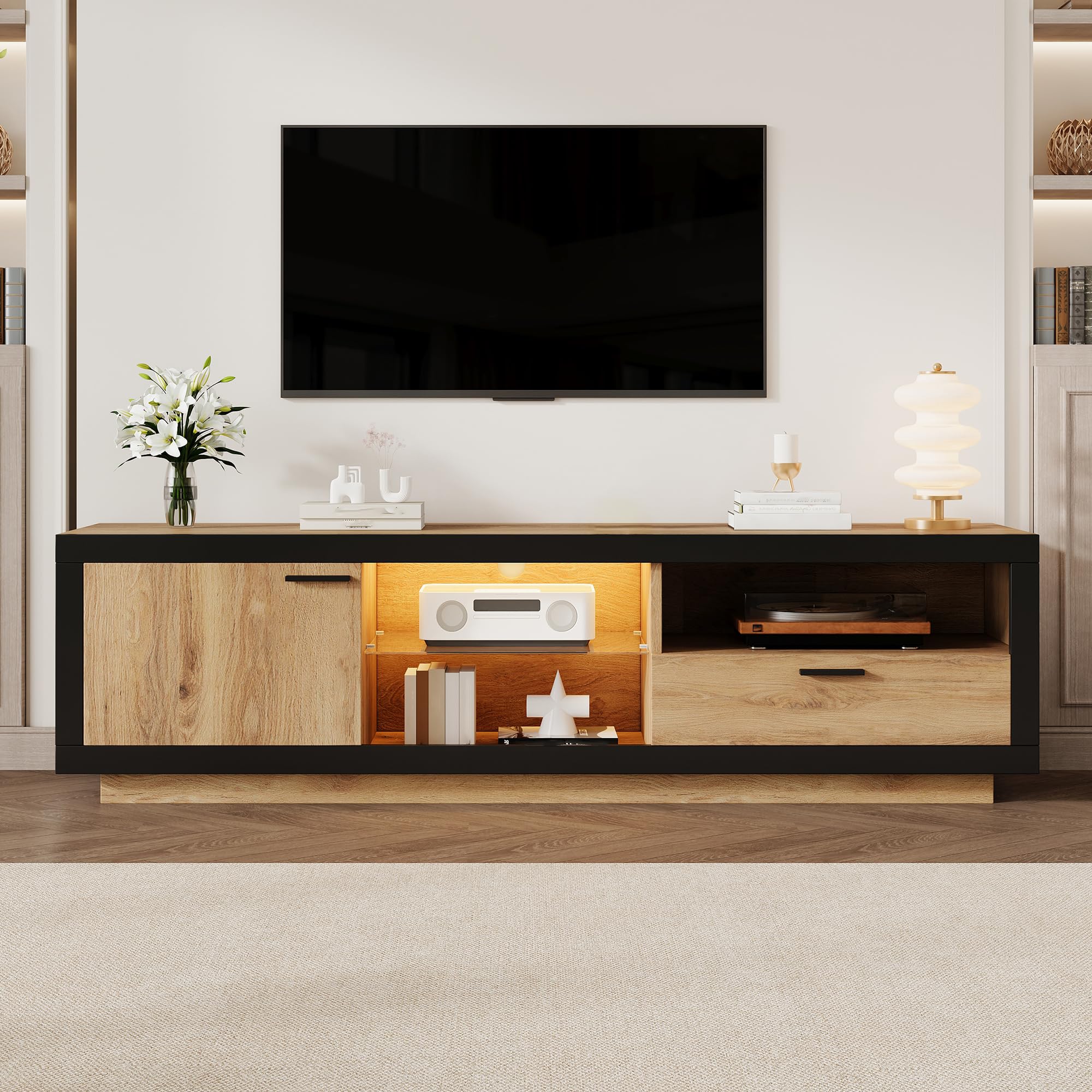 Commode TV avec éclairage LED Portes tiroirs étagères Ouvertes lowboard pour téléviseurs Jusqu’à 70 Pouces Meuble TV pour Salon Chambre à Coucher Meuble TV Table TV Noir + chêne