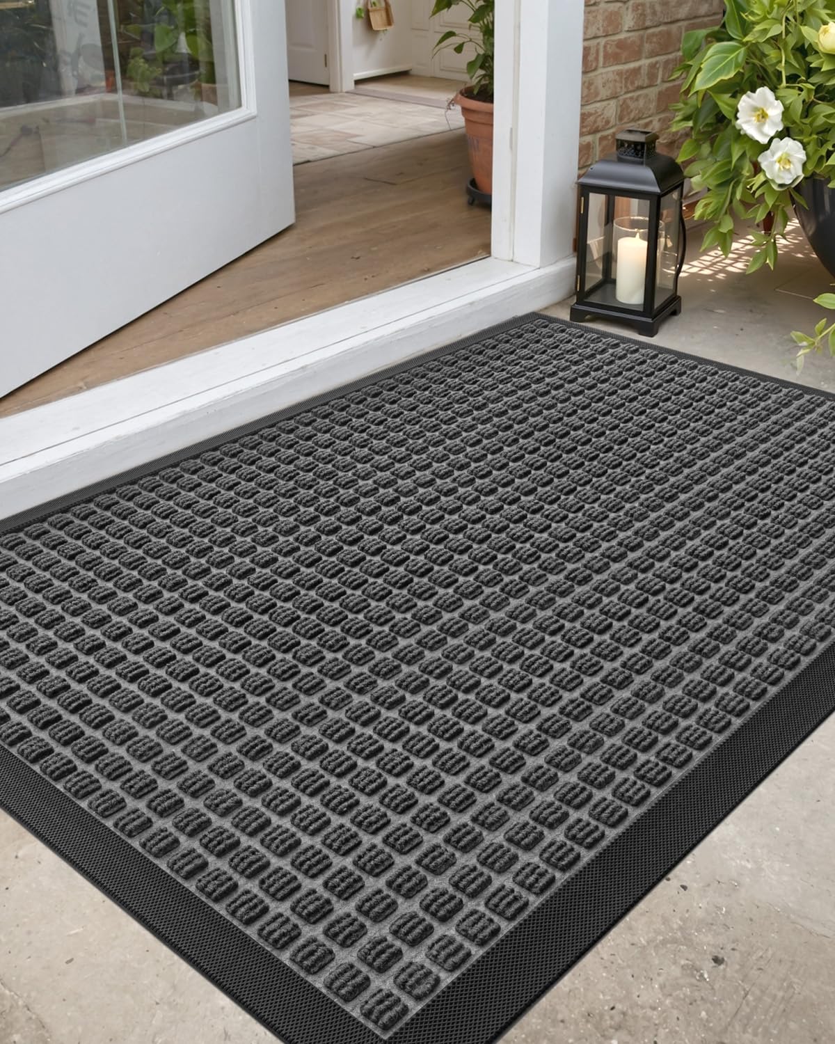 DEXI Front Door Mat Outside Entrance, 2x4 ft Rubber Entry Doormat Heavy Duty, Welcome Mats Non Slip for Inside House Floor Entryway Double Doors Exterior Patio, Squares Grey — image 1