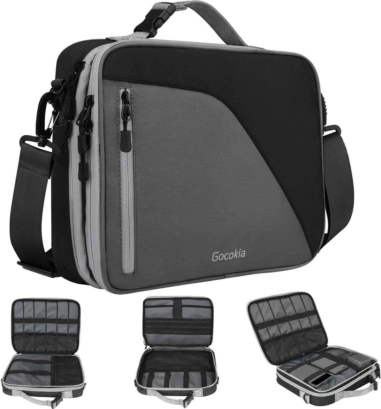 Double Layer Travel Cable Organizer Bag with Shoulder Strap, 27 Game Storage for Switch, Electronic Bag for 11.6' Laptop, Table - Gray with Black