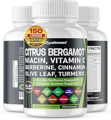 Cítricos bergamota berberina ajo inodoro hoja de olivo canela negro chokeberry cúrcuma alcachofa pimienta negra -150 cápsulas- Hecho en Estados