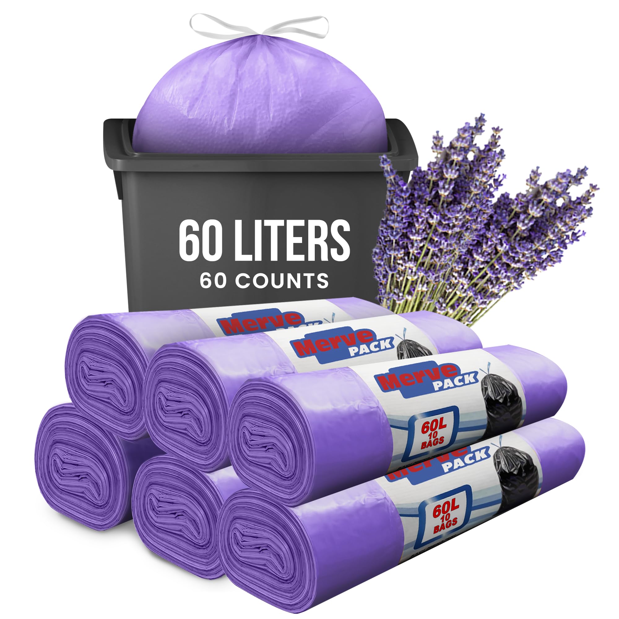 Merve Pack Purple 60L Lavender Scented Bin Bags, Waste Bags, Set 6 Rolls Counts 60 Bags, Swing Bin Liners With Drawstrings Trash Bags For Indoor And Outdoor Use, Office, And Kicthen Bin Liners