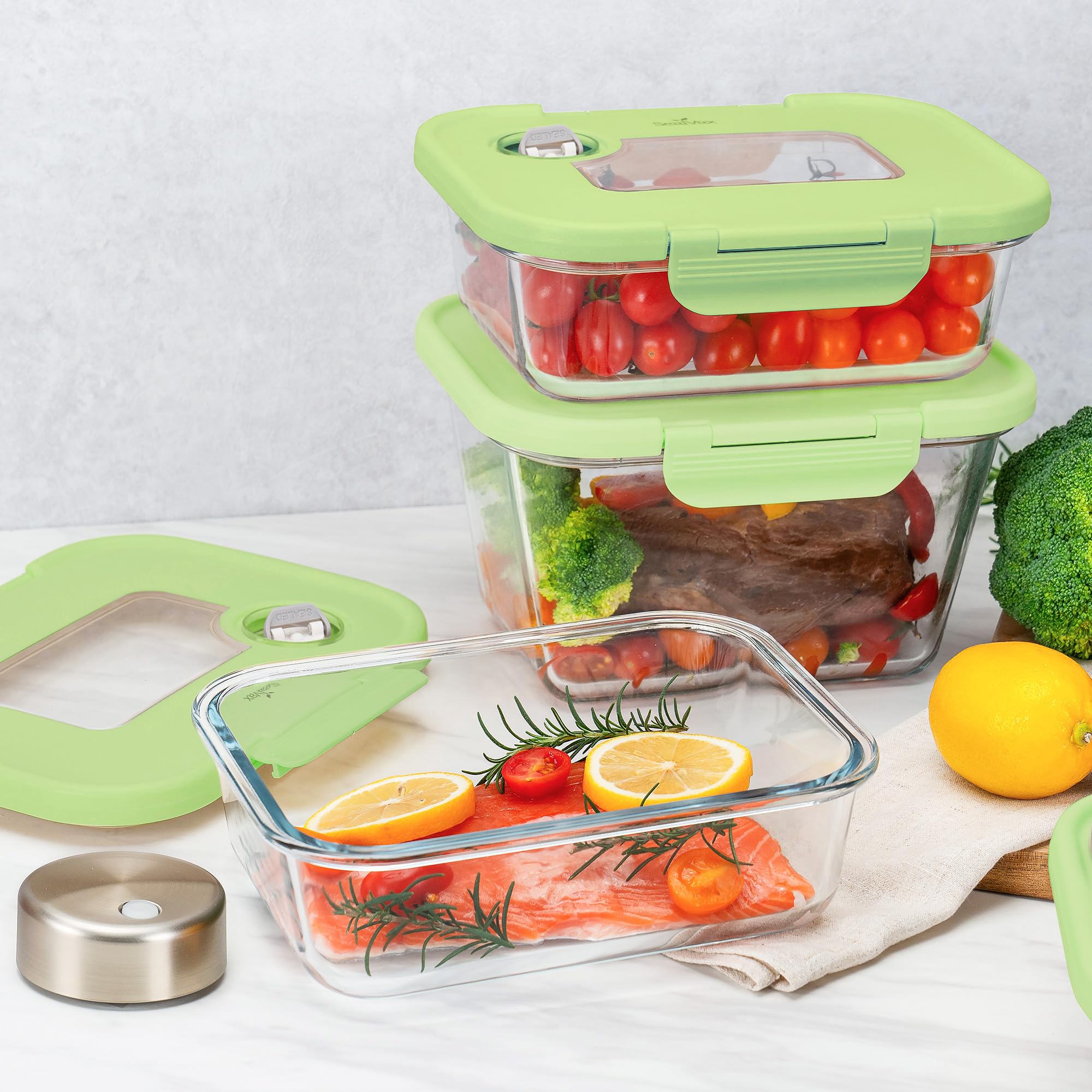 SealVax®SeasonSeal Vacuum-Sealed Food Storage & World’s First Cycle Marinating Set with Auto-Stop Vacuum Sealer, Includes 75 fl oz+Two 46 fl oz Glass Containers - 100% Leak Proof, BPA-FREE, (Green)