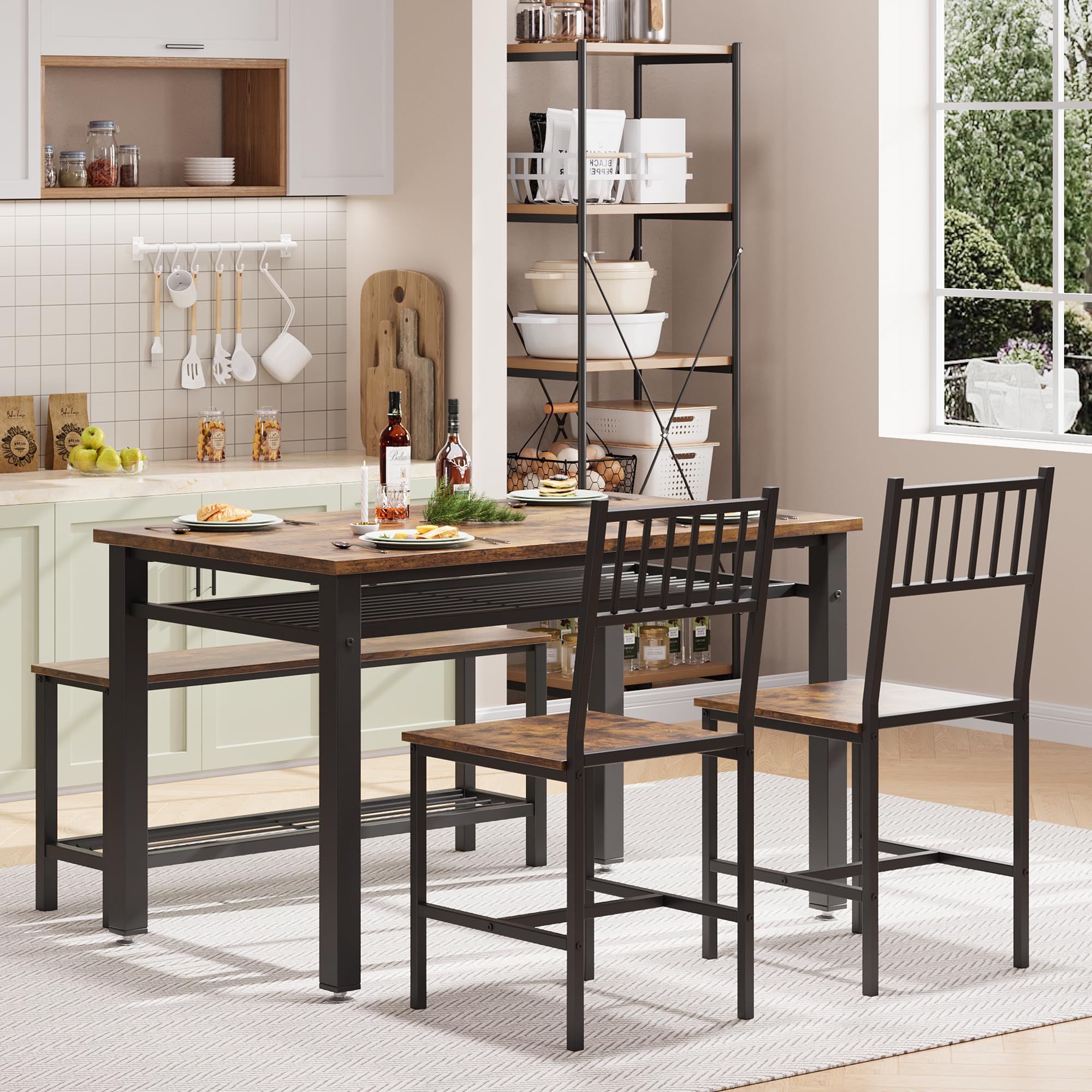 Dining Table Set for 4, 4 Pieces Dining Table Set for Home, 1 Table with 2 Chairs and 1 Bench, Table and Bench wth Storage Rack, Dinner Table Set with Metal Frame, for Small Space/Apt