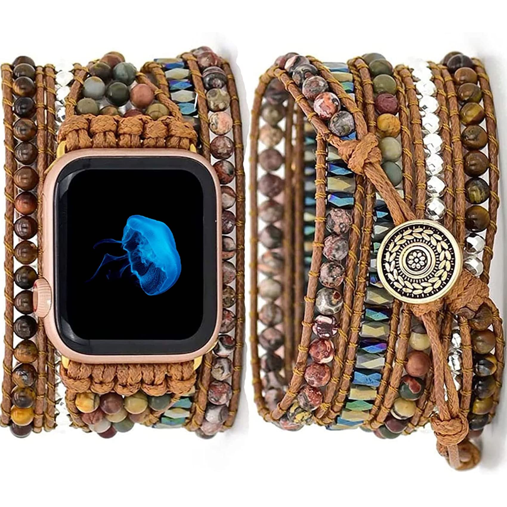 Handmade Beaded Boho Watch Band, Boho Watch for women, Bracelet Compatible with Apple Watch 38mm/40mm/41mm/42mm/44mm/45mm-Watch Strap for Iwatch Series 8/7/6/5/4/3/2/1/SE (Tiger's Eye, 42/44/45mm)