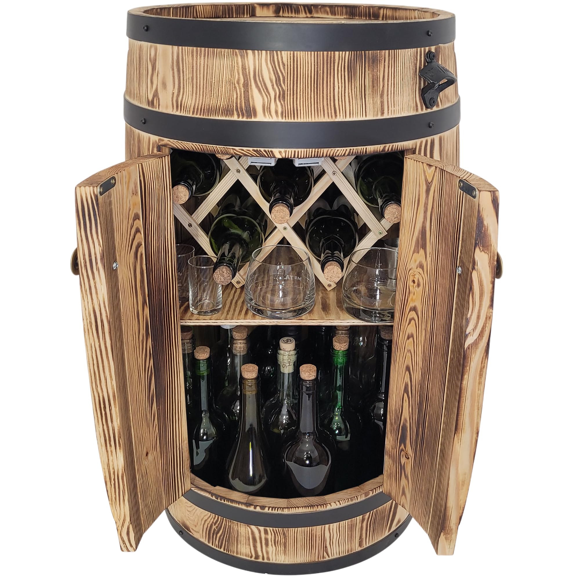 weeco Fassbar für Alkohol mit Doppeltüren – rustikaler Holz-Barschrank mit Regal und Flaschenhalter, geflammter Barschrank 80 cm, braun