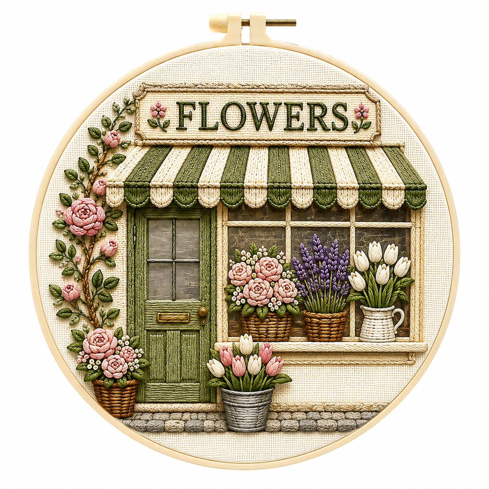 DIY Embroidery Kit for Beginners, Pre-Printed Flower Shop Design, 20cm Hoop