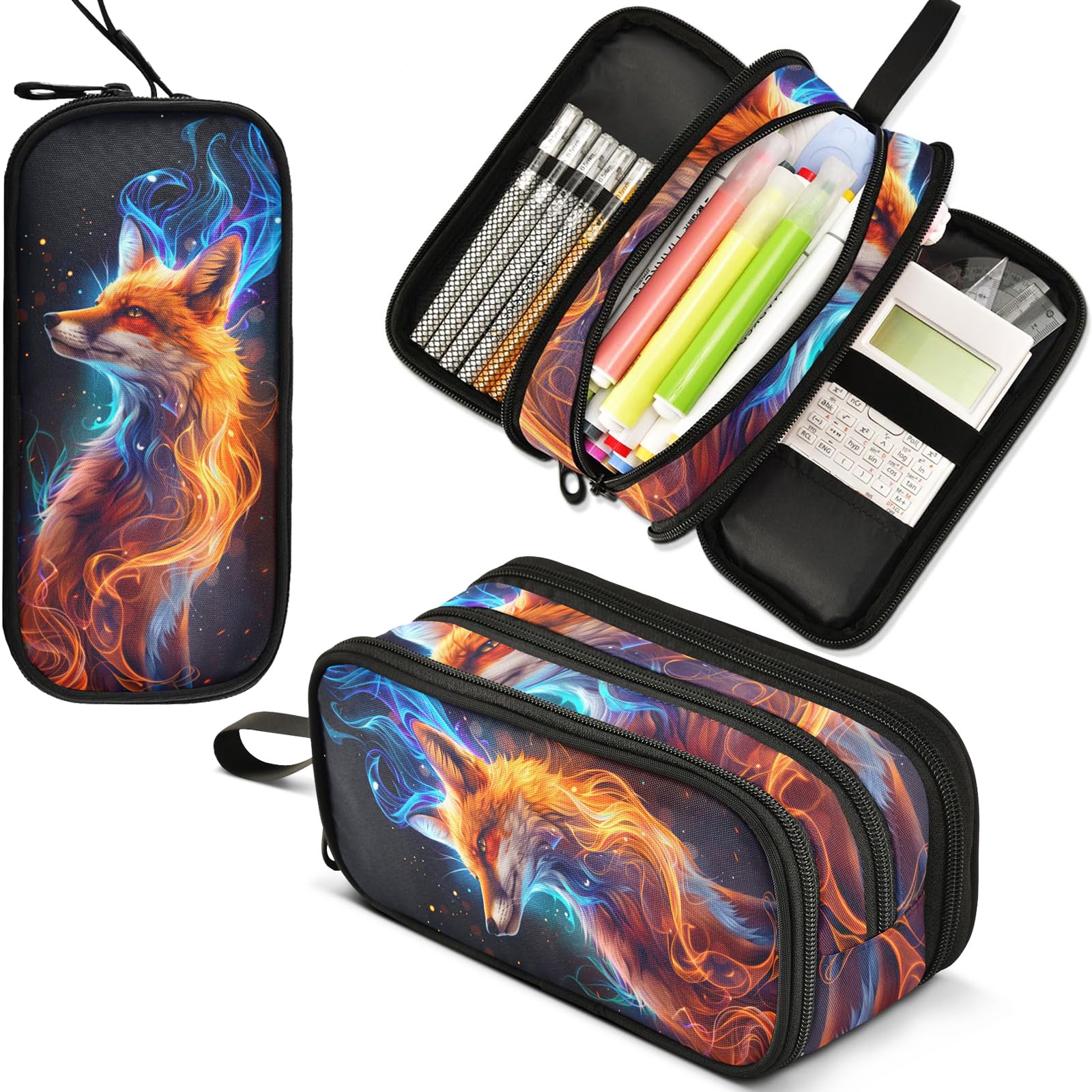 Orange Blue Fire Fox Pencil Case Large Capacity Pencil Pouch Boys Girls 3 Compartment Pen Bag School Office Stationery Organizer