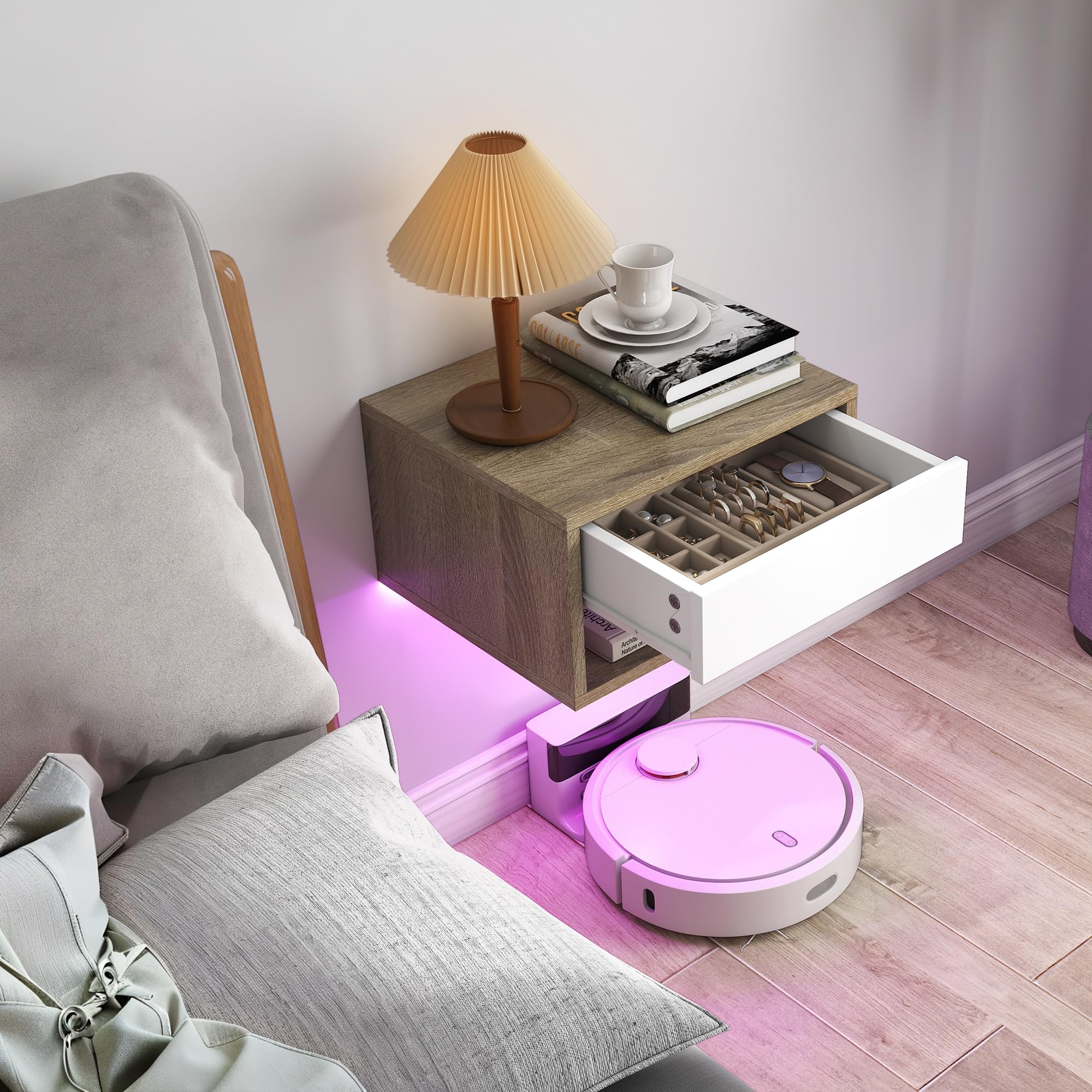 HOMCOM 2er-Set Hängende Nachttische, LED RGB Licht, Teak | App-Steuerung, wandmontierte Nachttische, offenes Fach, 1 Schublade, für Schlafzimmer, Wohnzimmer, 37x32x21cm.