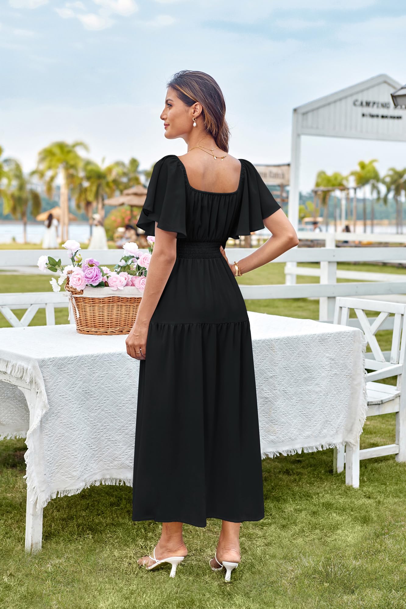 GRACE KARIN Robe Longue Élégante Femme Col Carré Manches Courtes Volantées Taille Smockée Robe d'Été A-Line Noir S