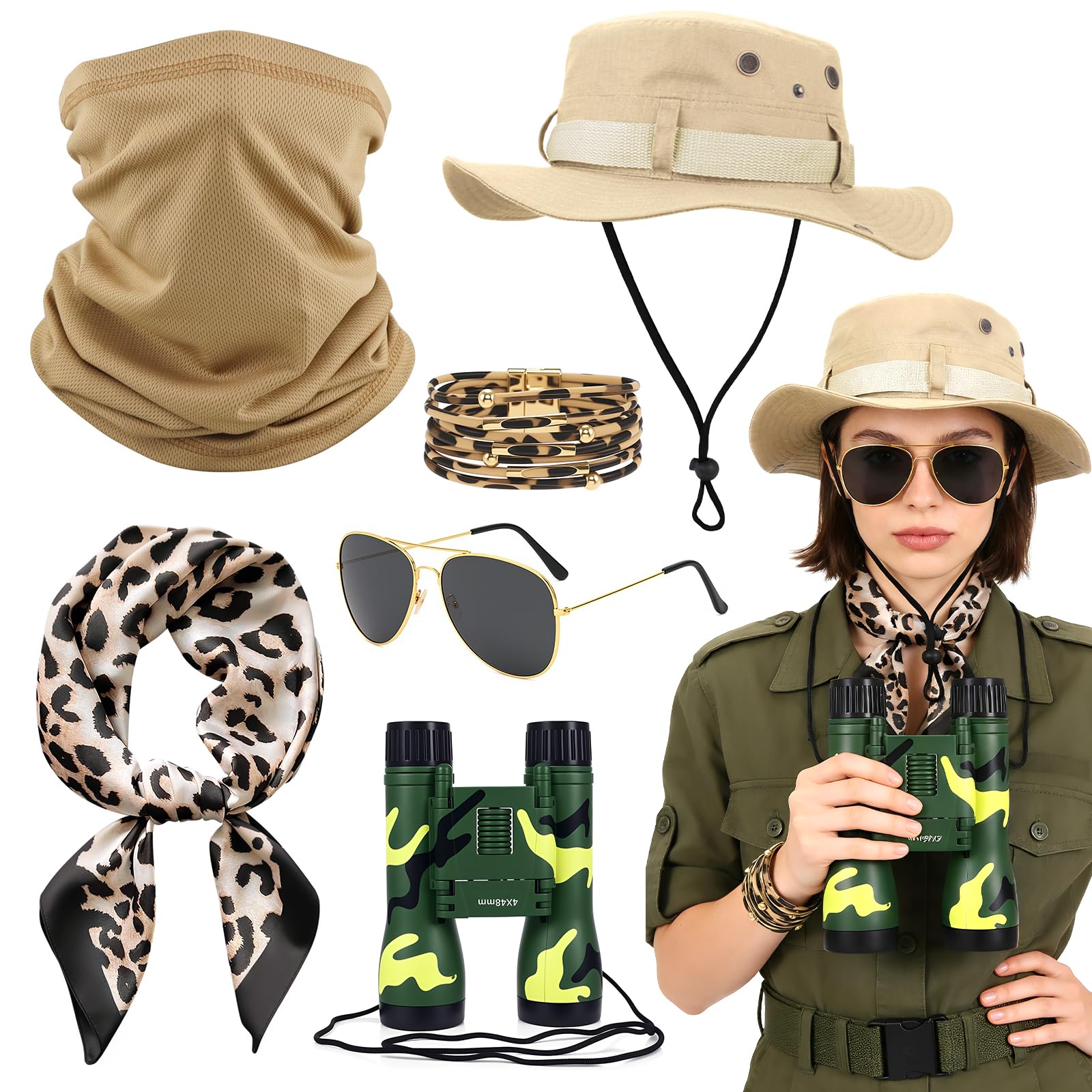 Oerphh Safari Explorer Costume Accessories Set Outfit for Women Dress Up Zoo Keeper with Hut Tarnkleidung, Fernglas