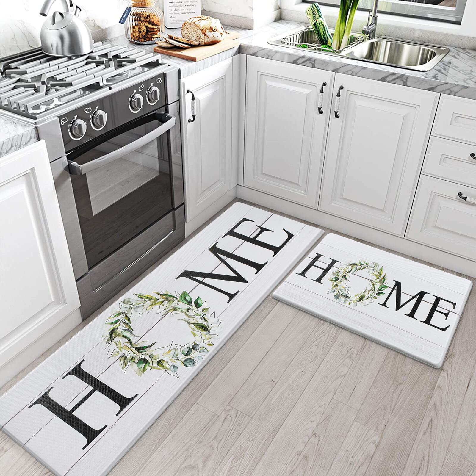 Collive Farmhouse Anti Fatigue Kitchen Mats for Floor 2 Piece Set Cushioned Kitchen Rugs and Mats Non Skid Waterproof Comfort Heavy Duty Kitchen Standing Mat for Bedroom Laundry Room