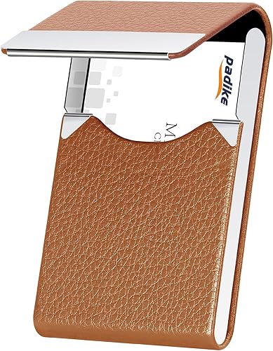 Padike- Tarjetero de piel sintética para tarjetas de presentación, de acero inoxidable, delgado, con cierre magnético