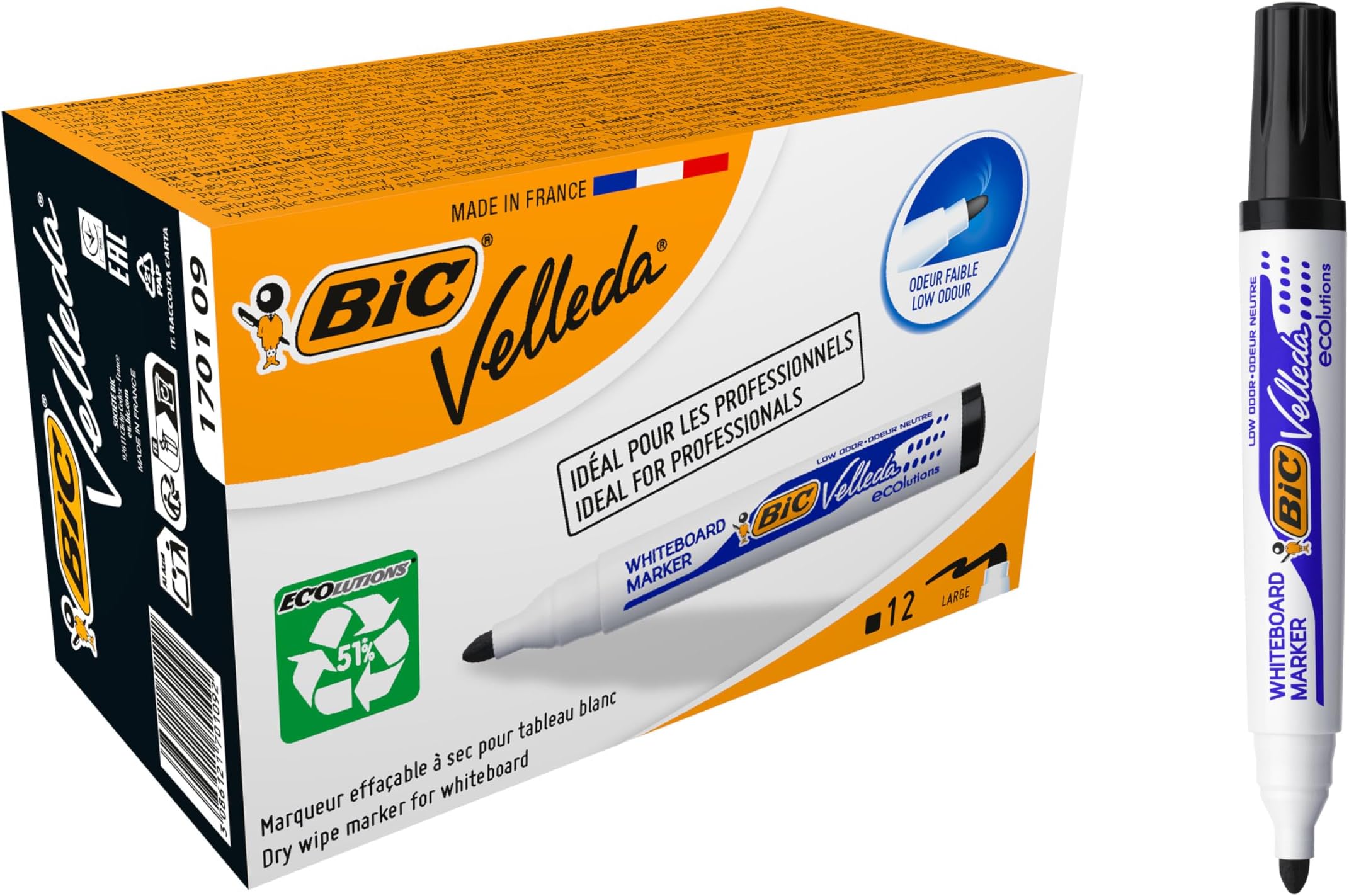 BIC Velleda 1701 ECOlutions Whiteboard Pens Black Ink - Dry Erase Whiteboard Markers - Pack of 12