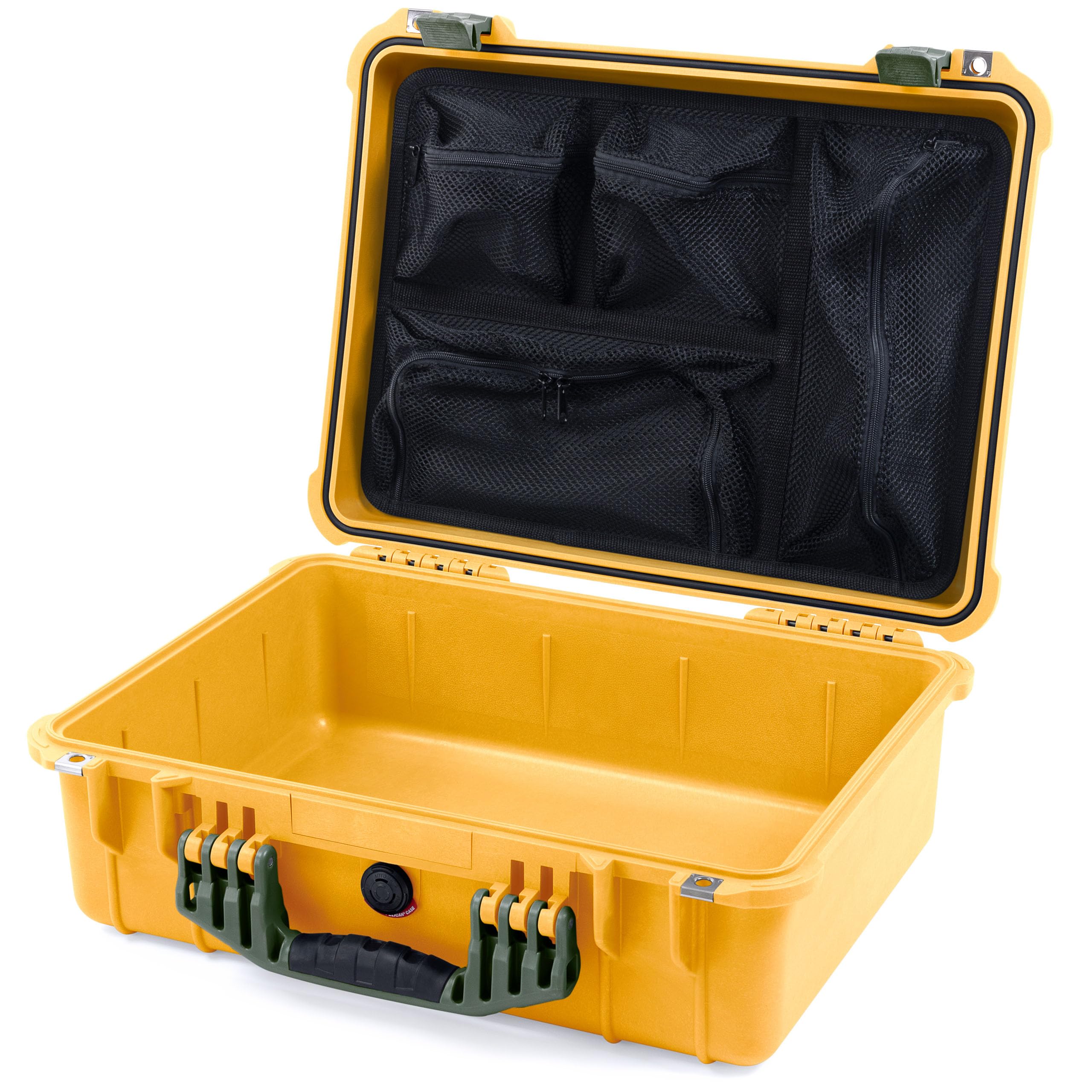 Pelican 1520 Case by ColorCase - Yellow - Medium Size Waterproof Case with Mesh Lid Organizer - OD Green Handles & Latches