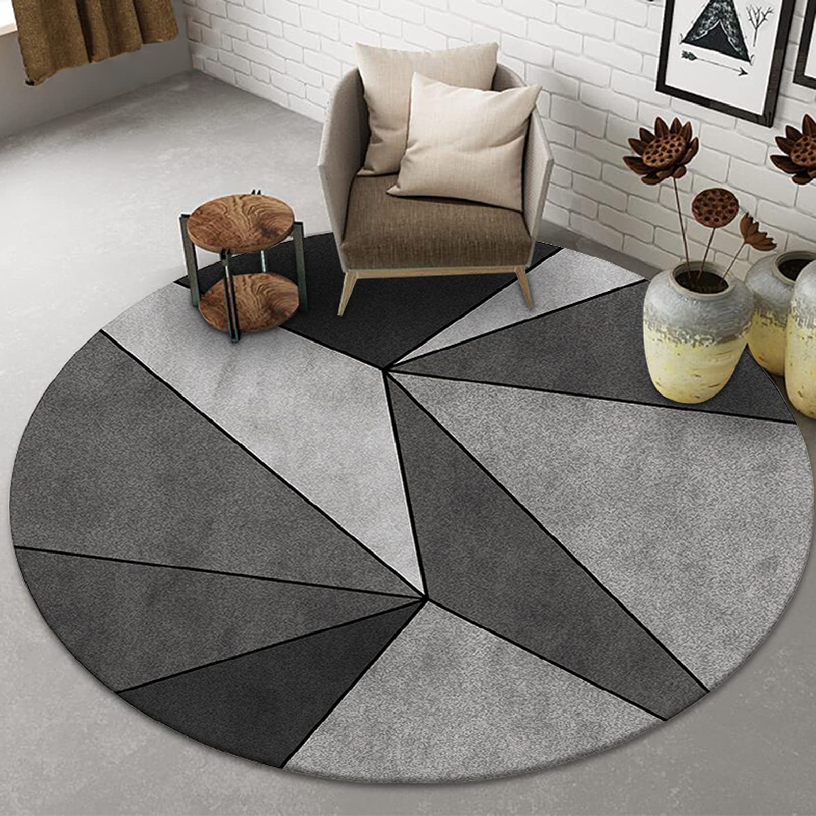 Geometry Gray Round Rugs 80cm 100cm 120cm 140cm 160cm 180cm 200cm Circular Carpet for Living Room Bedroom Large Small Computer Chair Mats Washable Non-slip Floor Mats ( Size : Diameter 160cm/5.2ft )