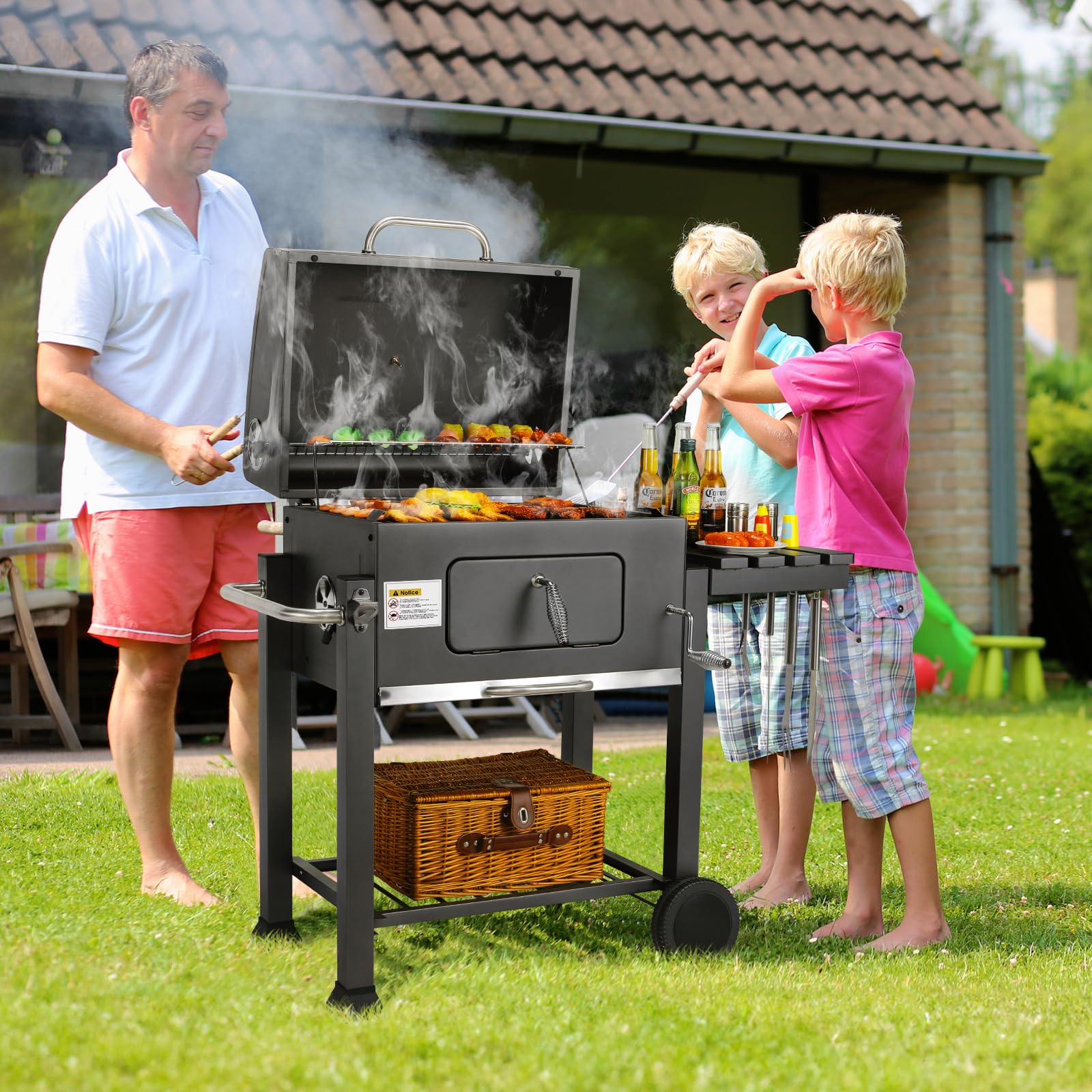 TLSUNNY Barbecue Carbonella con Coperchio, XL Barbecue a Carbone con Termometro, Ripiani Pieghevoli, Ruote, BBQ Carbonella in Giardino e all'aperto, Grande Capacità, Nero
