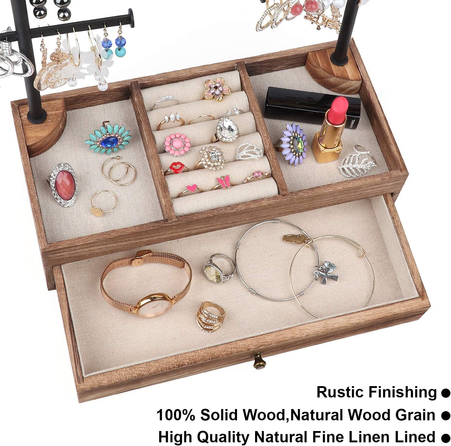 Miratino Jewelry Organizer Stand Double Rods & 6 Tiers Jewelry Holder Box with Rustic Wood Drawer Storage Base for Necklaces Bracelets Earrings Rings Display Carbonized Black : Clothing, Shoes & Jewelry
