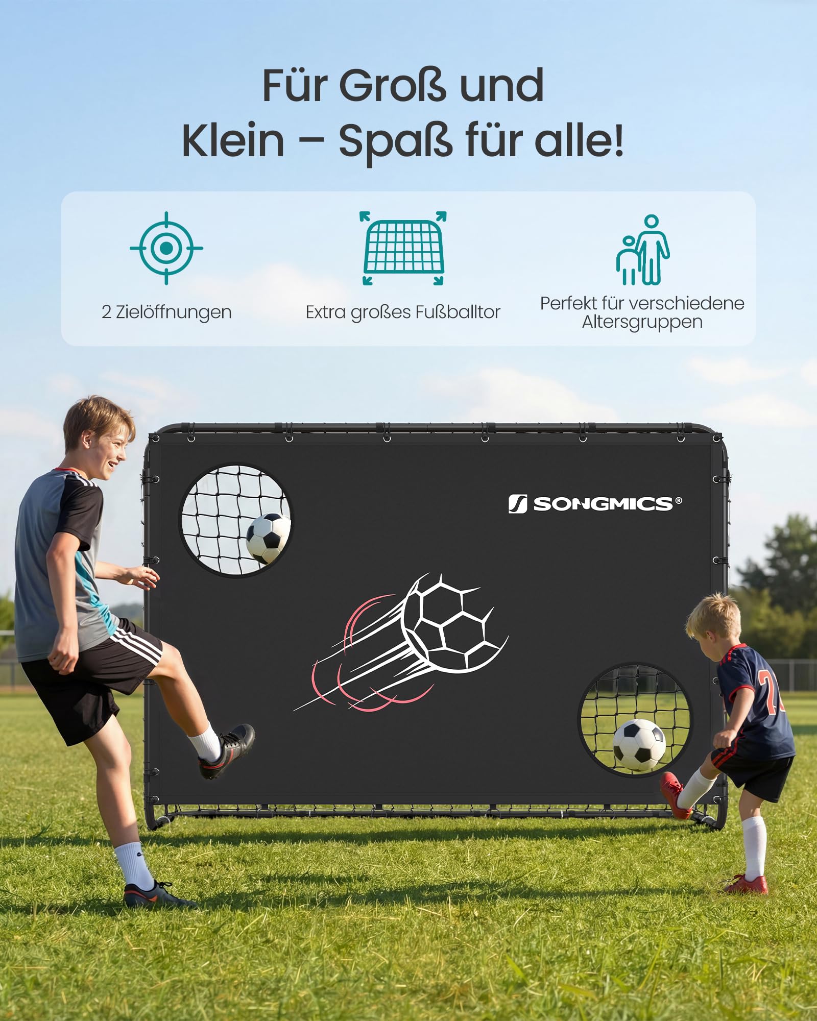 SONGMICS Fußballtor, mit Torwand, für alle Altersgruppen, Stahlrohre, PE-Netz, Outdoor, Garten, Strand