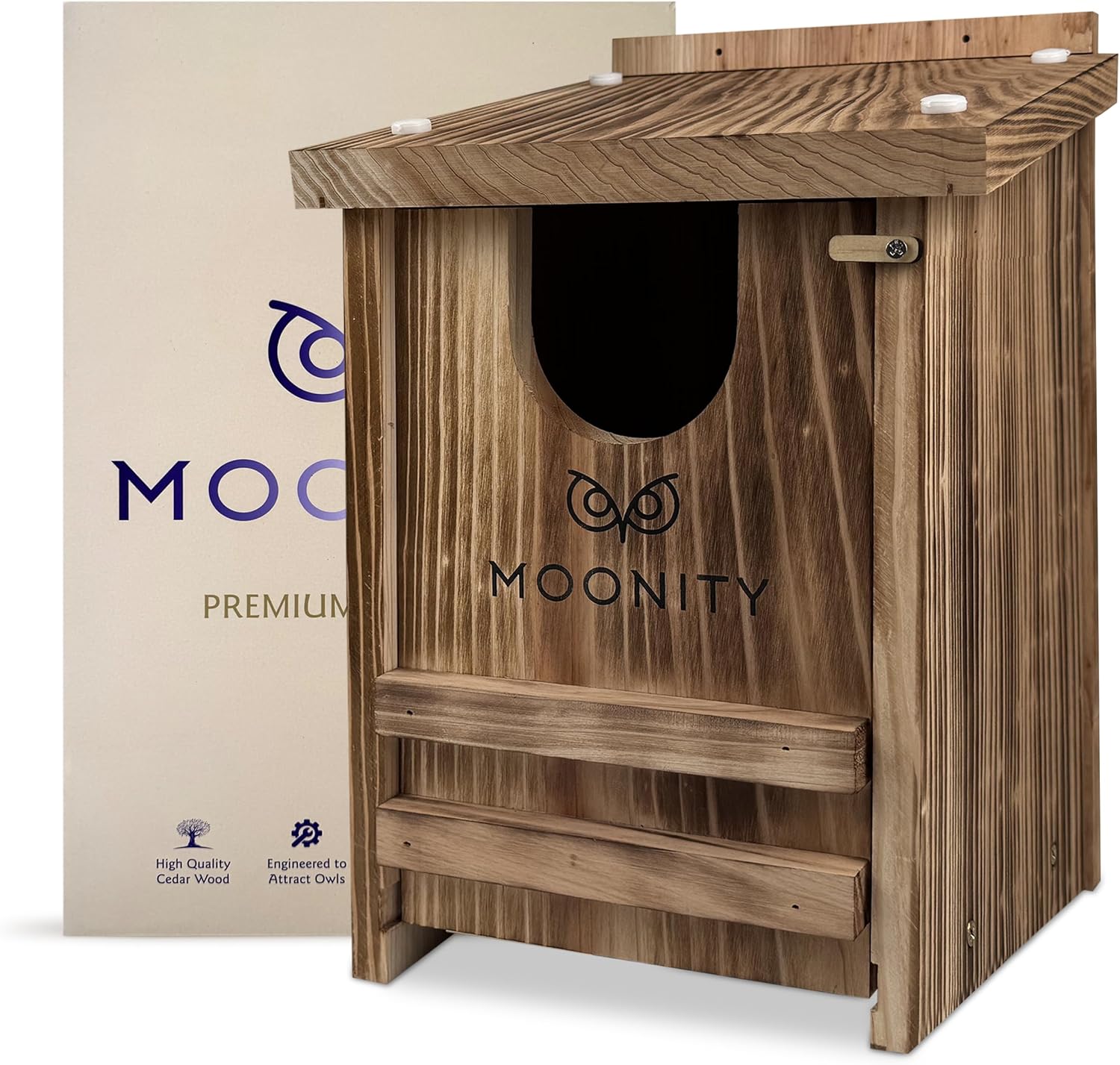 MOONITY Fire-Treated Cedar Owl House – 14" x 9" x 9" All-Season Nesting Box for Screech, Kestrel & More – Durable, Weatherproof & Easy to Install