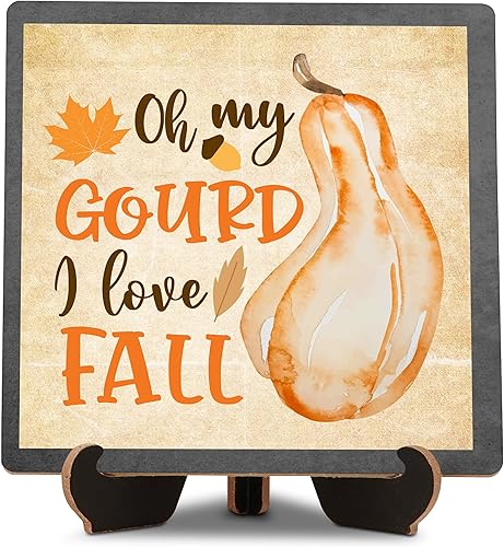 Decoración de mesa de otoño, placa de madera de nueces y calabaza con soporte, letrero de madera decorativo de otoño para decoración de Acción de