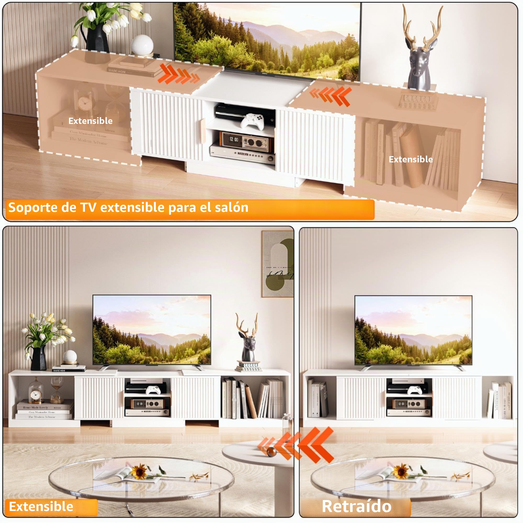 IRONCK Mueble de TV Extensible de 160 a 200 cm, para televisores de 30 a 75 Pulgadas, con Esquina giratoria, de Madera, 2 Puertas y Espacio de Almacenamiento Ajustable, Moderno, para salón, Color