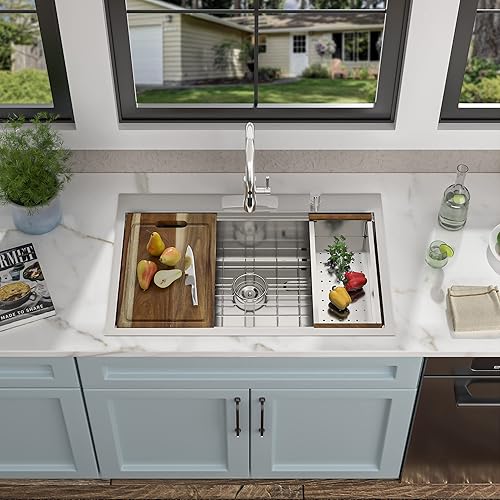 Miniatura 4 de Fulorni - Fregadero de cocina de 33 pulgadas x 22 pulgadas, estación de trabajo de repisa superior de acero inoxidable calibre 16, cuenco individual