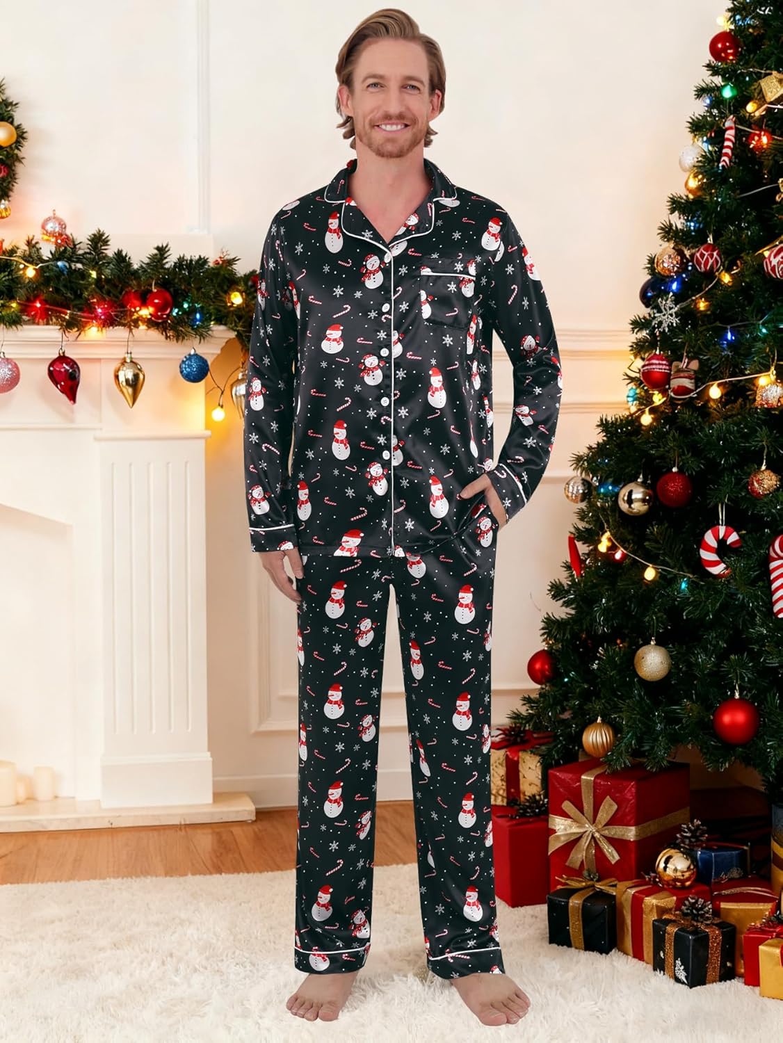 Satin Christmas Pajamas for Adult Women Men Button Down Pjs Couples Pijamas Matching Sets Sleepwear Loungewear - Image 4