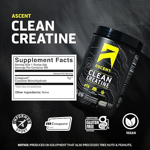 Miniatura 4 de Ascent Polvo de monohidrato de creatina limpia, 0.18 oz por porción, suplemento de creatina Creapure - Sin sabor, 100 porciones