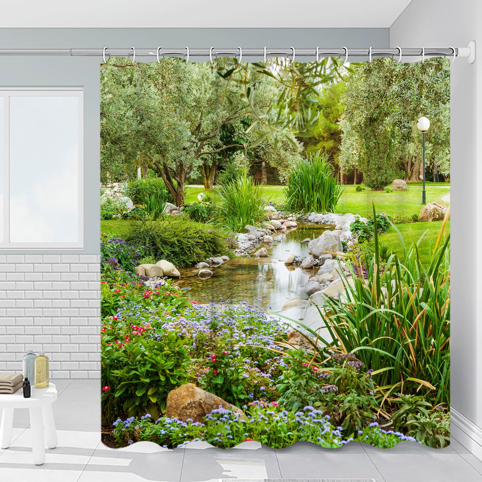 RDRUVA Garden Landscape Shower Curtain Colorful Wildflowers Green Landscape Bathroom Curtains Spring Plants Nature Landscape Gardening Art Bathroom