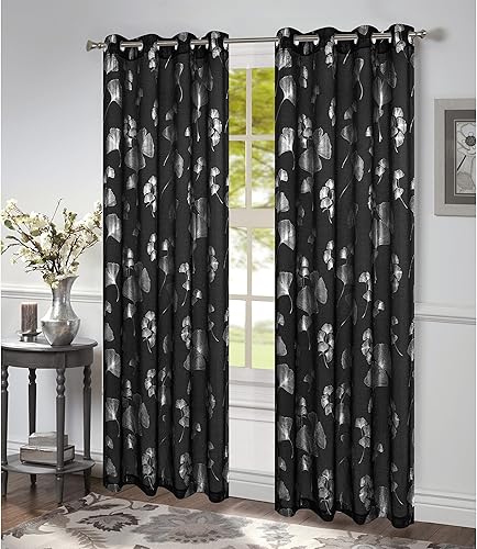 PREMIUS Felicity - Panel de ventana con ojales transparentes con estampado de hojas de ginkgo, color gris y plateado, 54 x 84 pulgadas