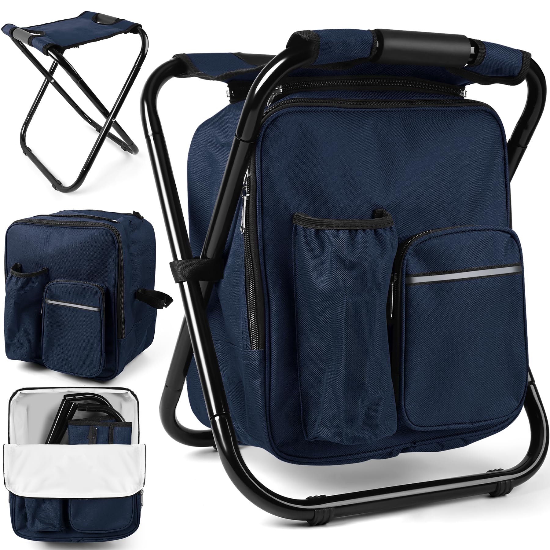 Kikerike Backpack Stool Cooler Chair Heavy Duty 200 LBS Max Load Portable Lightweight Stool Backpack Folding Fishing Cooler Seat for Camping Hunting Fishing - Navy Blue