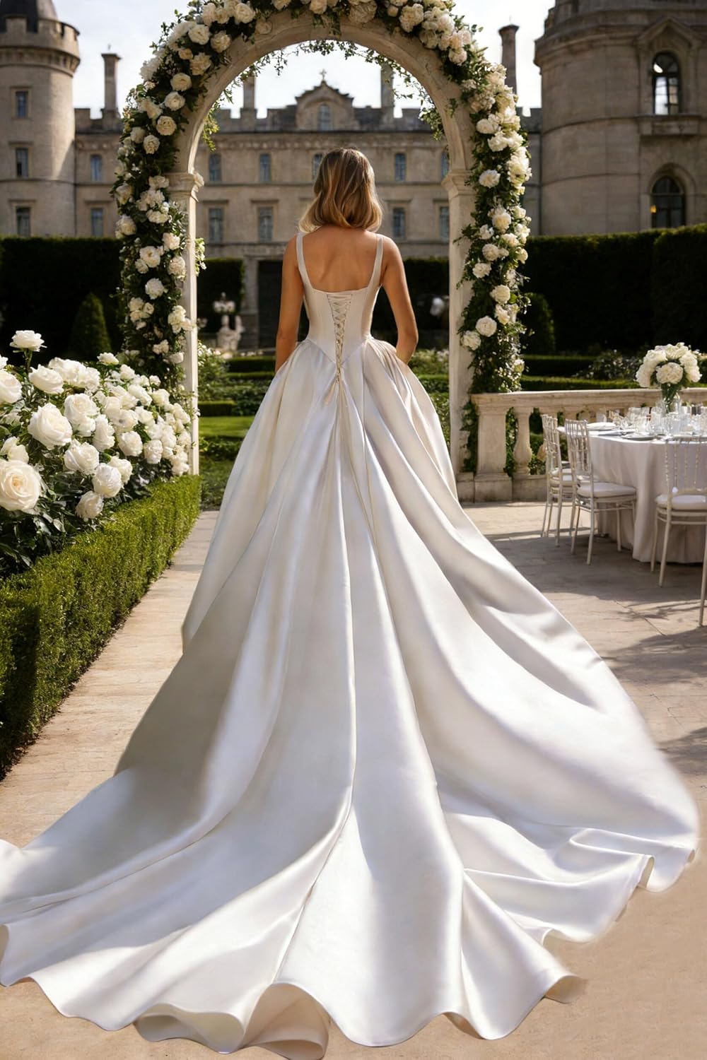 Square Neck Satin Wedding Dress for Bride Sleeveless A Line Corset Bridal Gown with Train W001