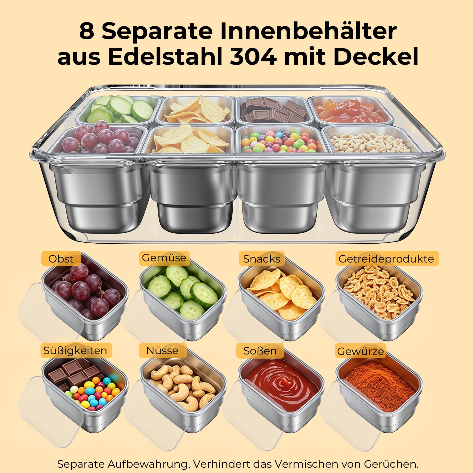 HiTauing Caja para aperitivos con 8 compartimentos de acero inoxidable, plato de aperitivos con asa y 8 tapas individuales, evita la transferencia de olores Ldeal, fácil de limpiar