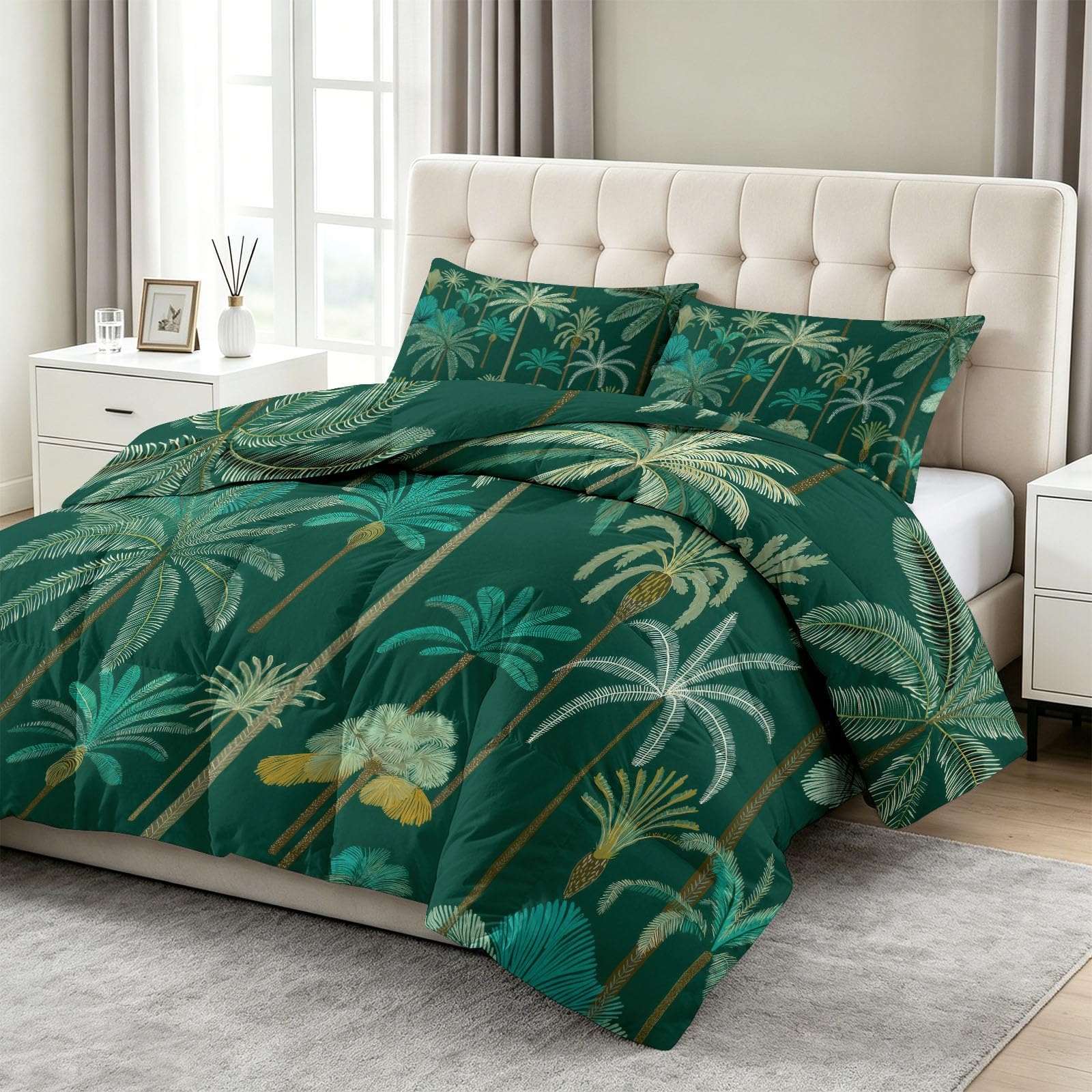 Tutte le stagioni - Piumino 160 x 200 cm, elegante, con piante di palma, semplicità, trapuntato, lussuoso e morbido, in piumino e piume, traspirante, lavabile in lavatrice, ipoallergenico, buon sonno
