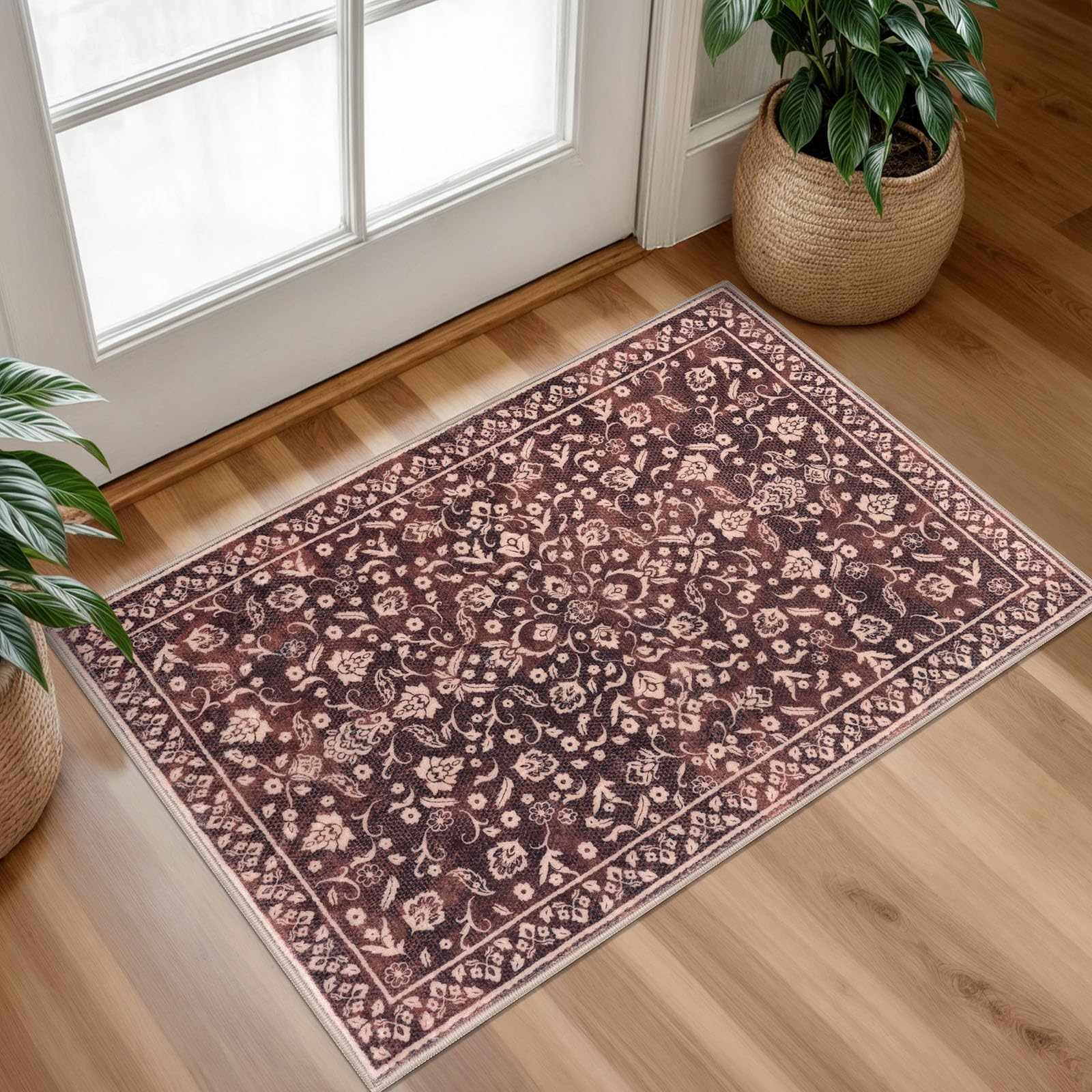 SILOLOOM Vintage Entryway Rug Indoor, Deep Burgundy Washable Rug 2x3, Small Area Rug with Non-Slip Backing, Floral Print, Thin Faux Wool Super Soft Door Mat for Kitchen, Entrance, Bedroom, Office — image 1