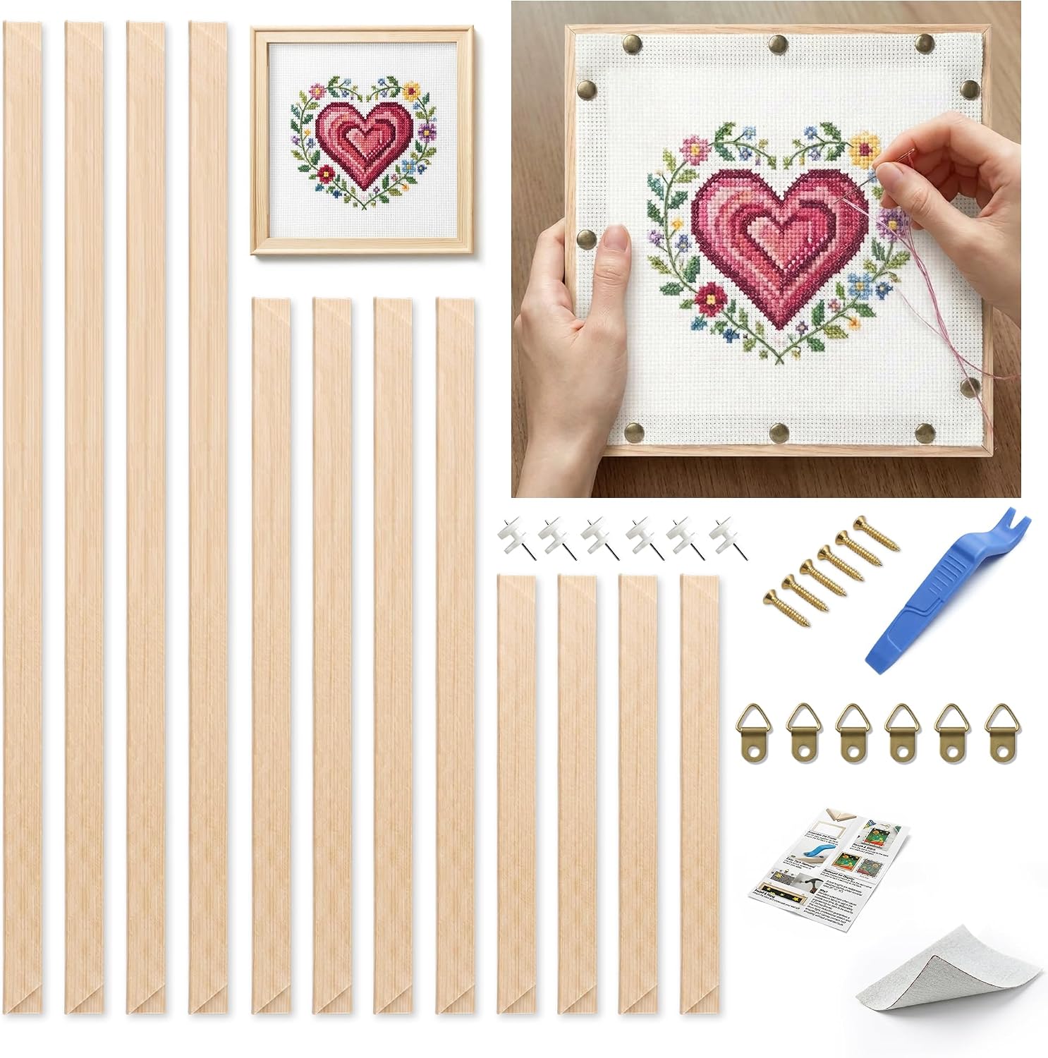 Stretcher Bars for Needlework, 3 Sizes 12 Pcs Needlepoint Stretcher Bars, Include Heavy-Duty Tacks & Hooks, 2-in-1 Stitching & Wall Mount Display Frame with Ornate Trim, Cross Stitch & Canvas