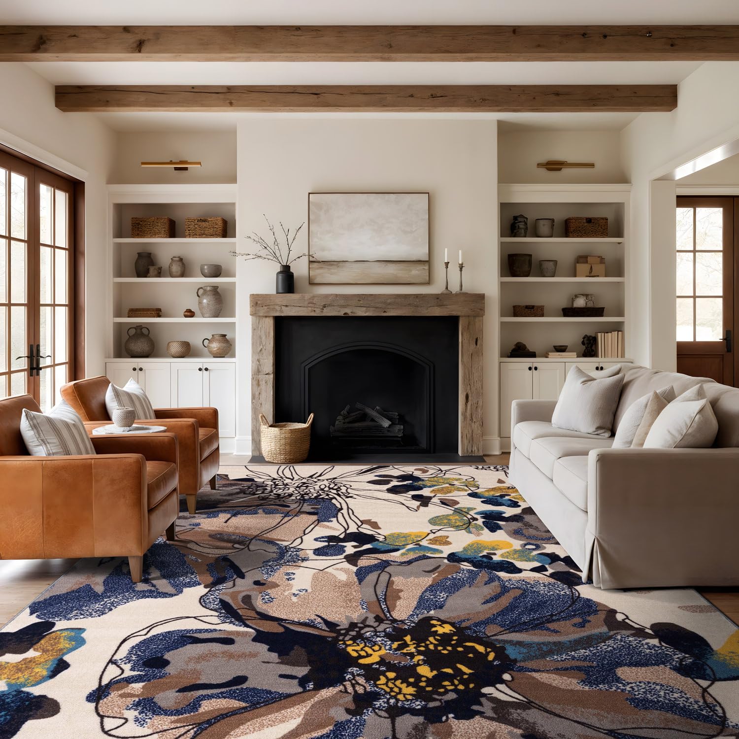 Rugshop Cream Bright Flowers Area Rug