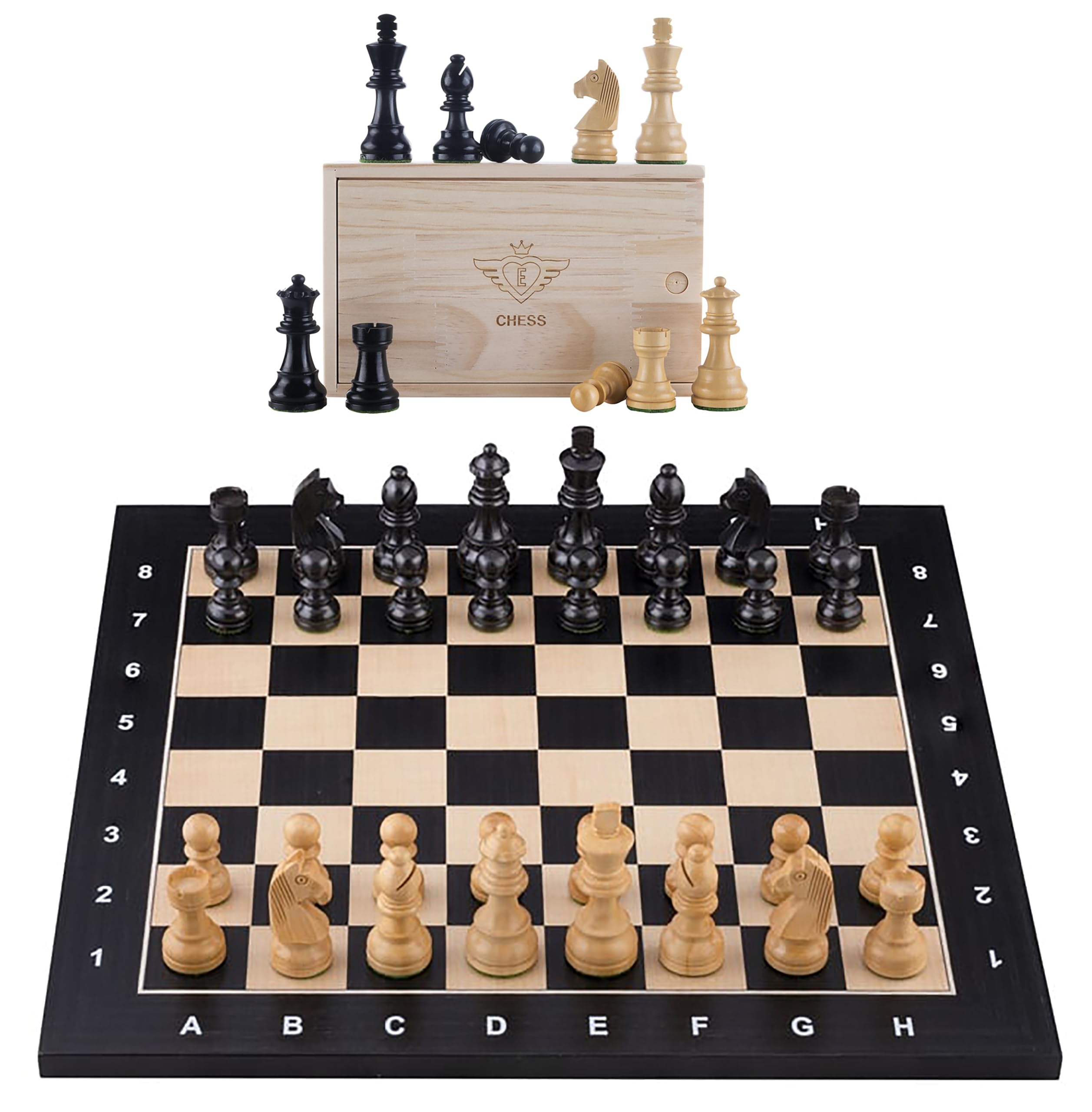 Engelhart - 170495 - Luxurious 40 cm Black Chess Set with Coordinates – Inlaid Maple Wood Board – Weighted Carved Pieces – Ages 6+ KING HEIGHT 76 MM — image 1