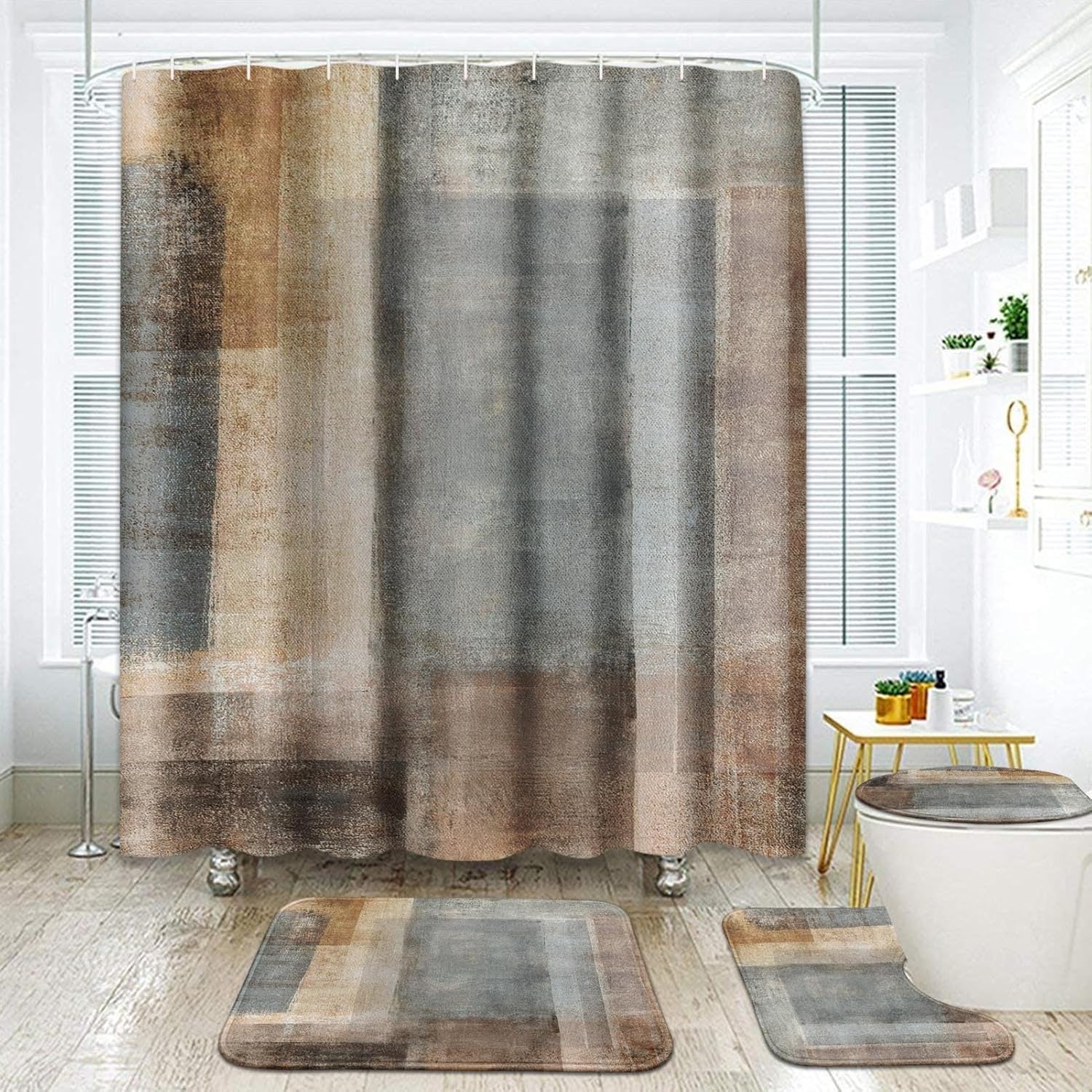 ArtSocket Beige Grey Abstract Bathroom Set with Shower Curtain and Rugs Accessory, Painting Brown Abstract Shower Curtain for Bathroom Decor 4 Pcs Beige Grey Abstract Brown